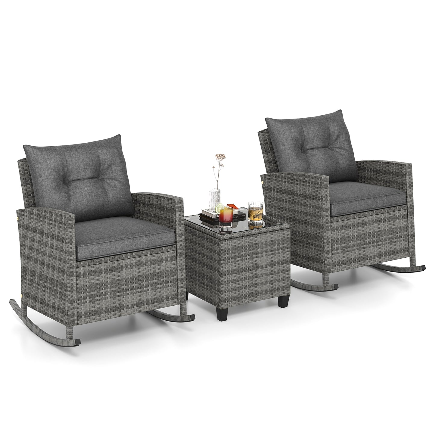 Patio Rattan Roker Chairs with Tempered Glass Table and Soft Cushions for Backyard Poolside Porch-Gray