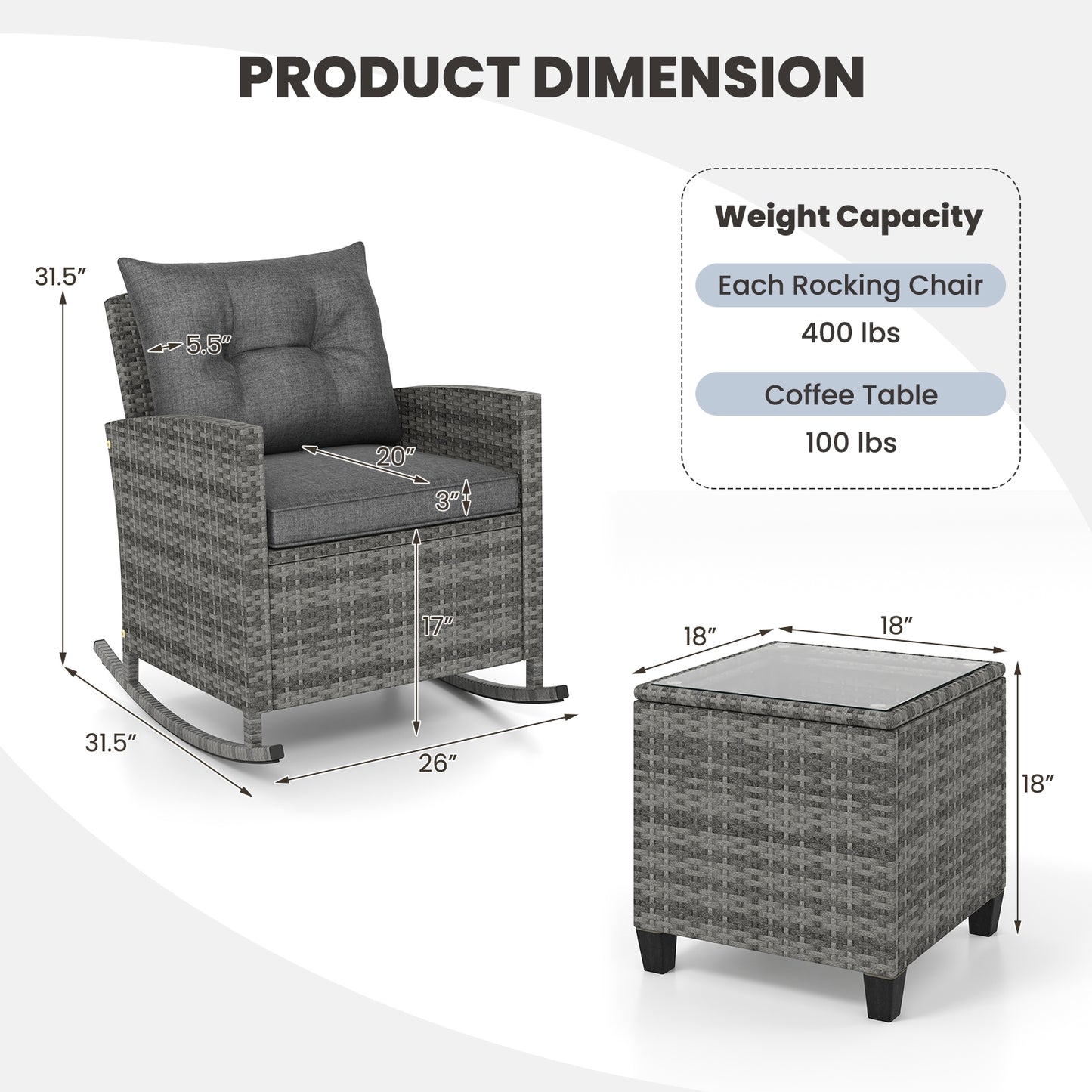 Patio Rattan Roker Chairs with Tempered Glass Table and Soft Cushions for Backyard Poolside Porch-Gray