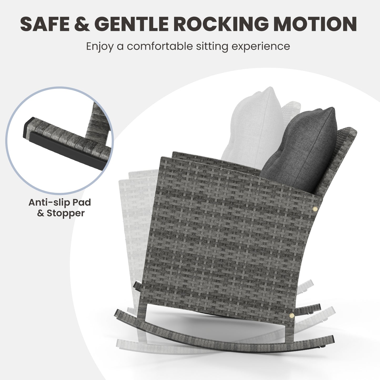 Patio Rattan Roker Chairs with Tempered Glass Table and Soft Cushions for Backyard Poolside Porch-Gray