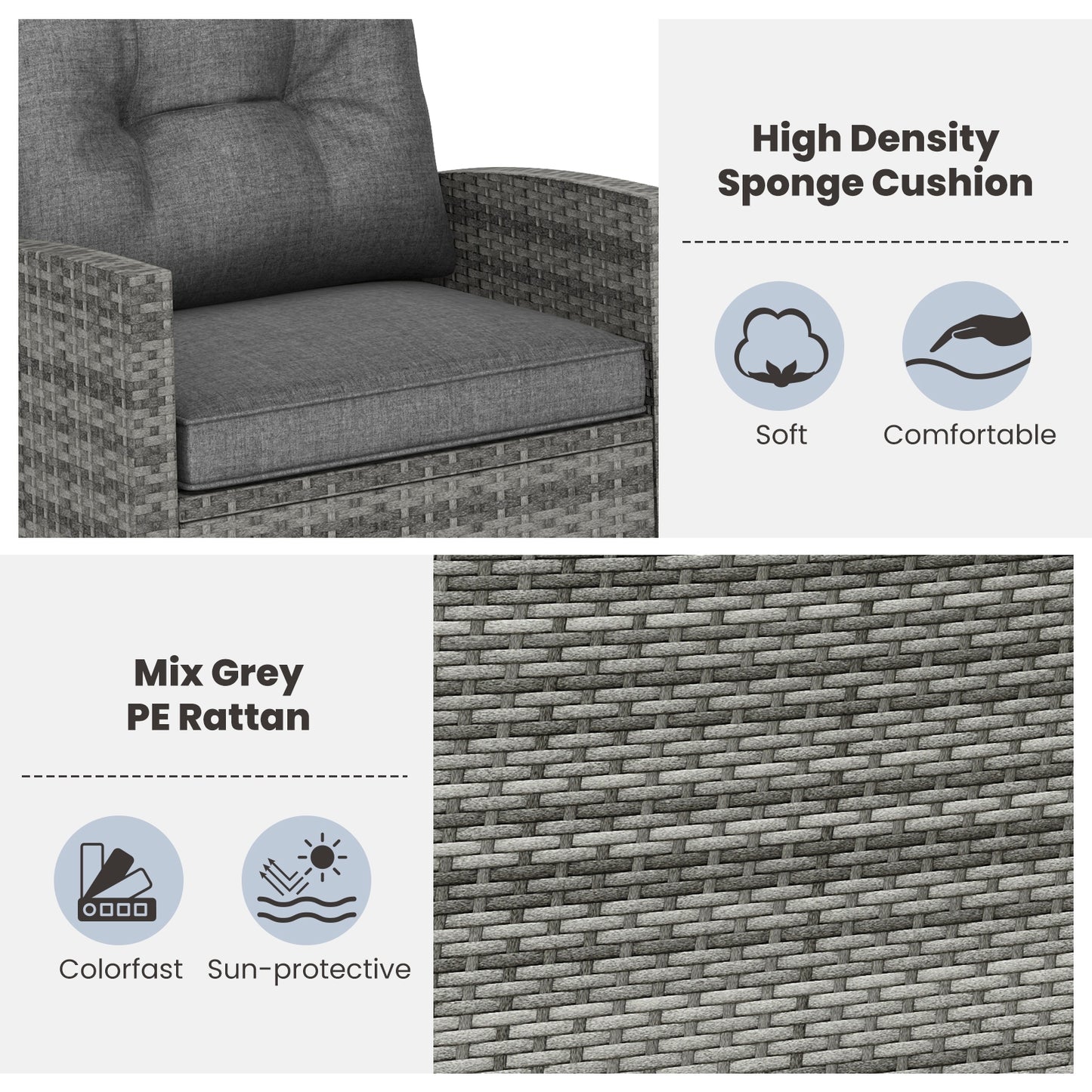Patio Rattan Roker Chairs with Tempered Glass Table and Soft Cushions for Backyard Poolside Porch-Gray