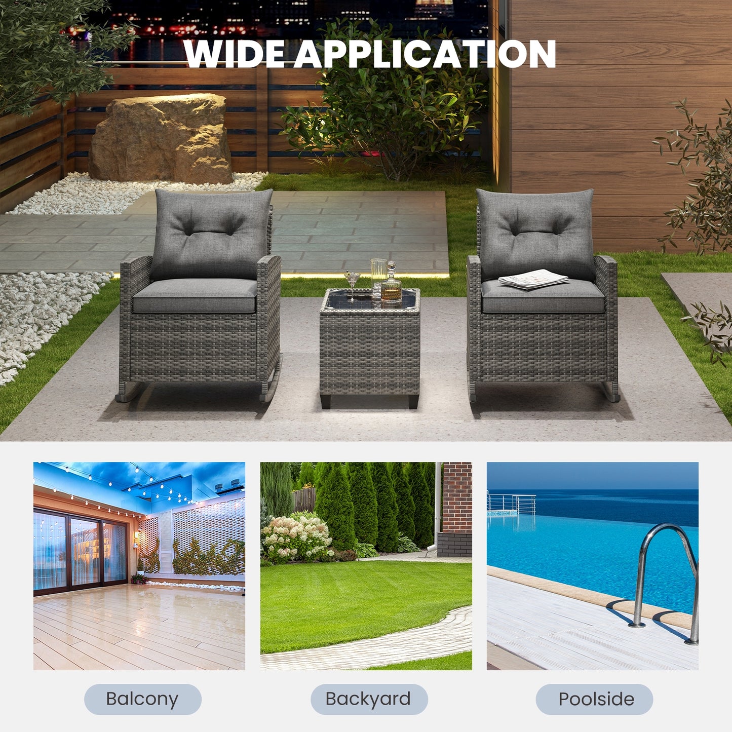 Patio Rattan Roker Chairs with Tempered Glass Table and Soft Cushions for Backyard Poolside Porch-Gray