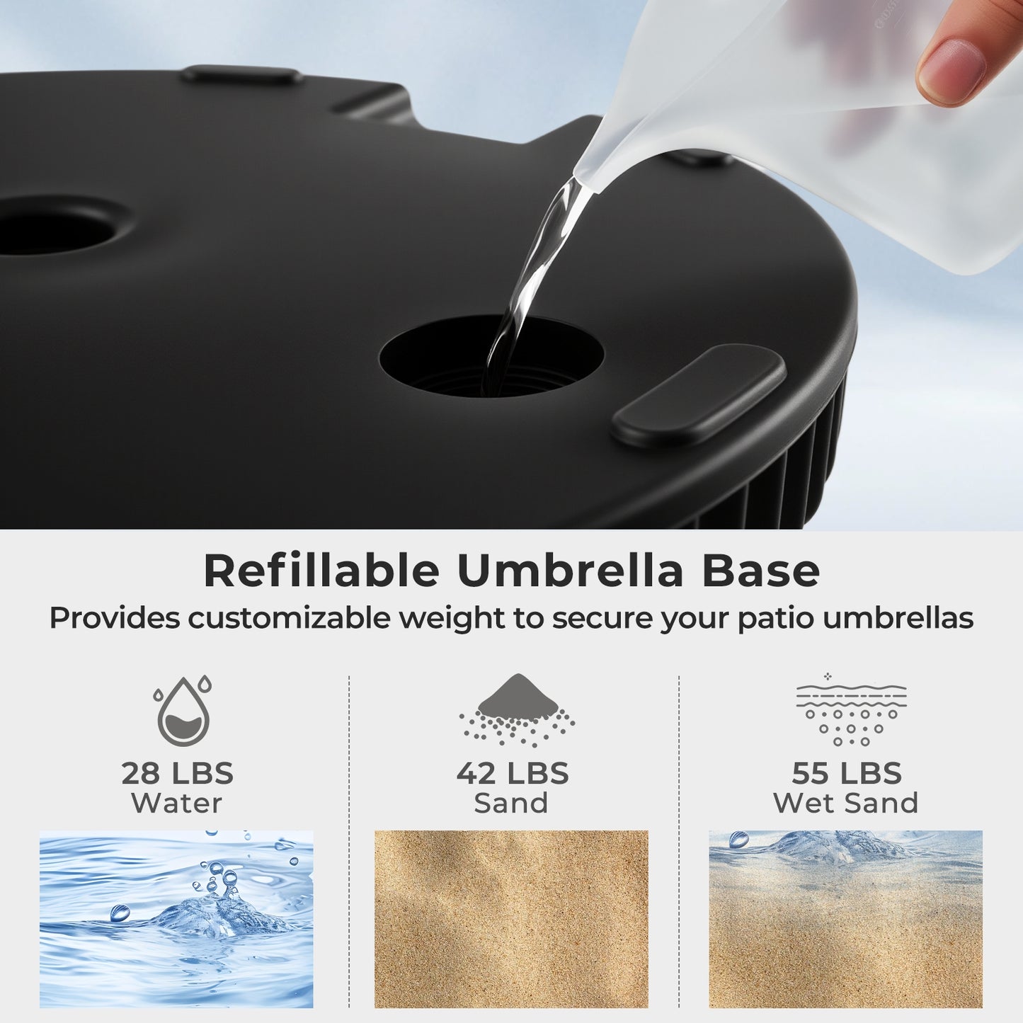Water and Sand Filled Outdoor Umbrella Stand with Shell Texture and 3 Coupler Sizes-Black