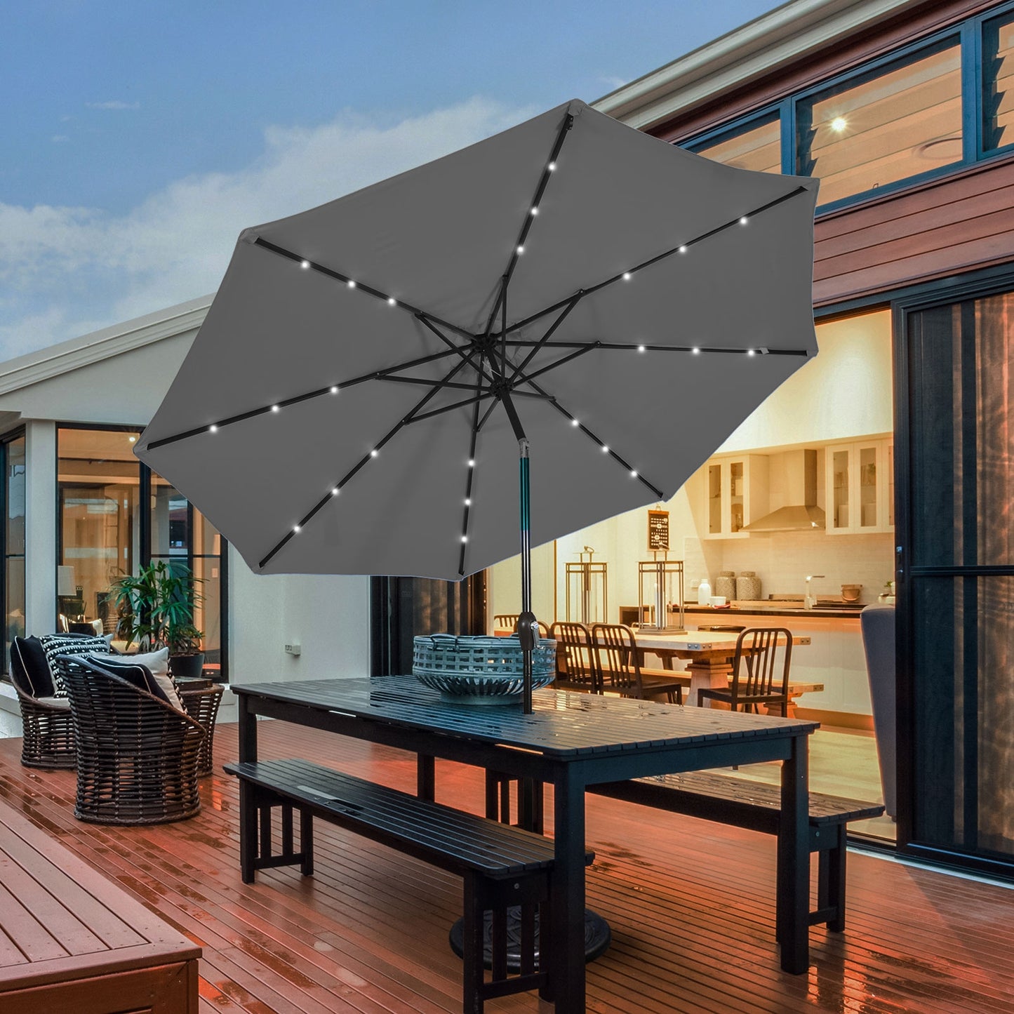 10 Feet Outdoor Patio Umbrella with Bright Solar LED Lights-Gray