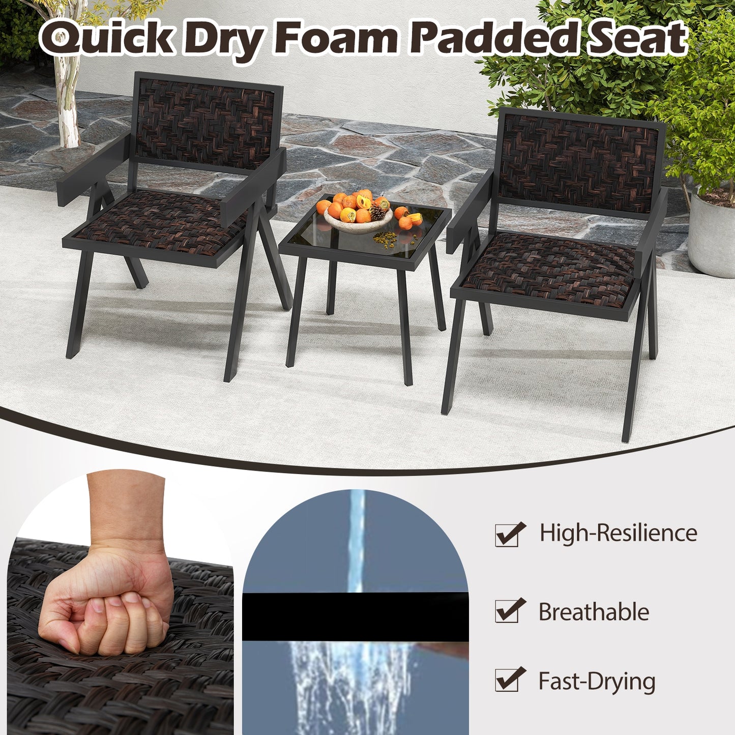 3 Pieces Patio PE Wicker Bistro Set with Quick-Drying Foam-Black