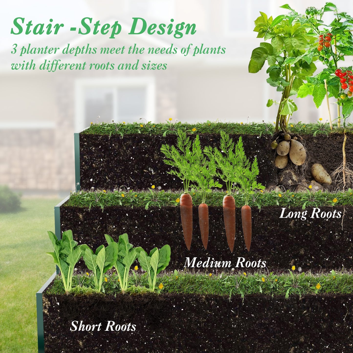 Heavy-Duty Metal Outdoor 3-Tier Raised Garden Bed Planter Box-Green