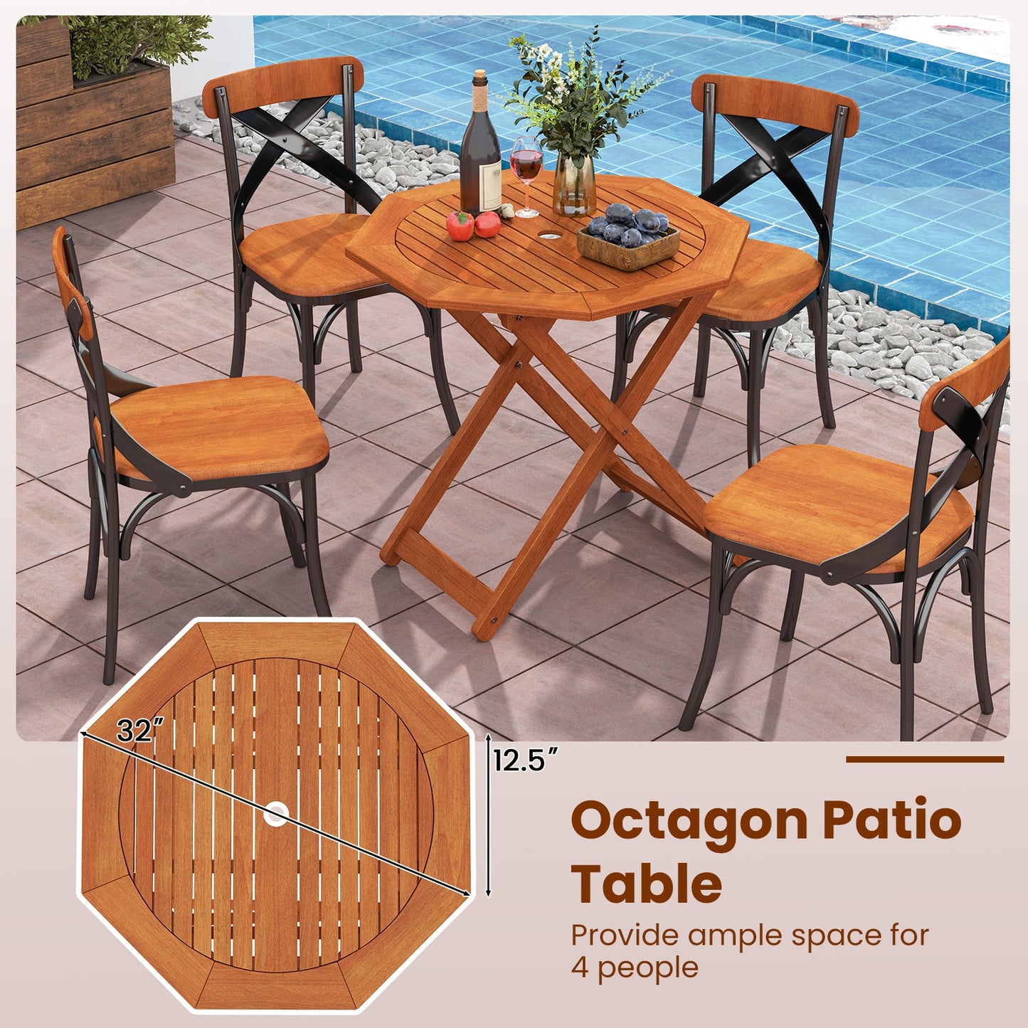 Octagon Folding Patio Table with 2 Inches Umbrella Hole