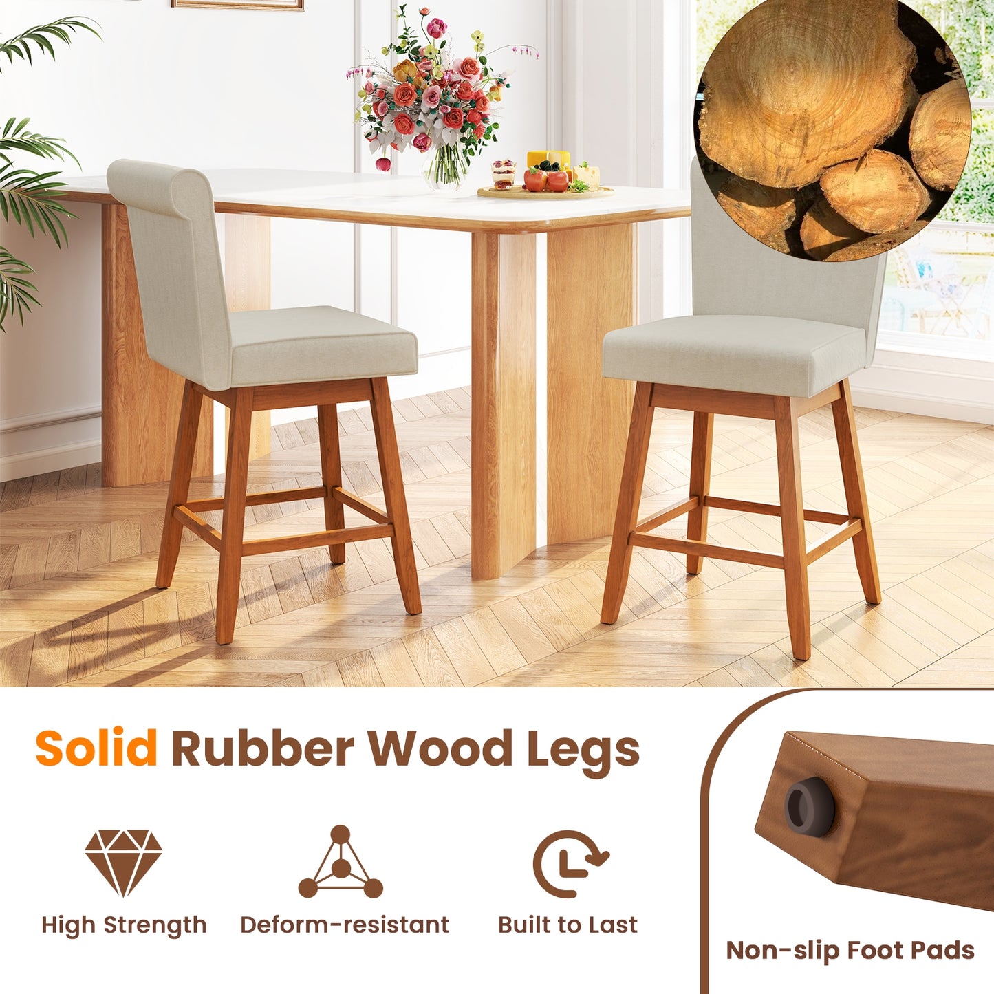 27 Inch Counter Height Bar Chairs with Rubber Wood Legs Set of 2-Beige
