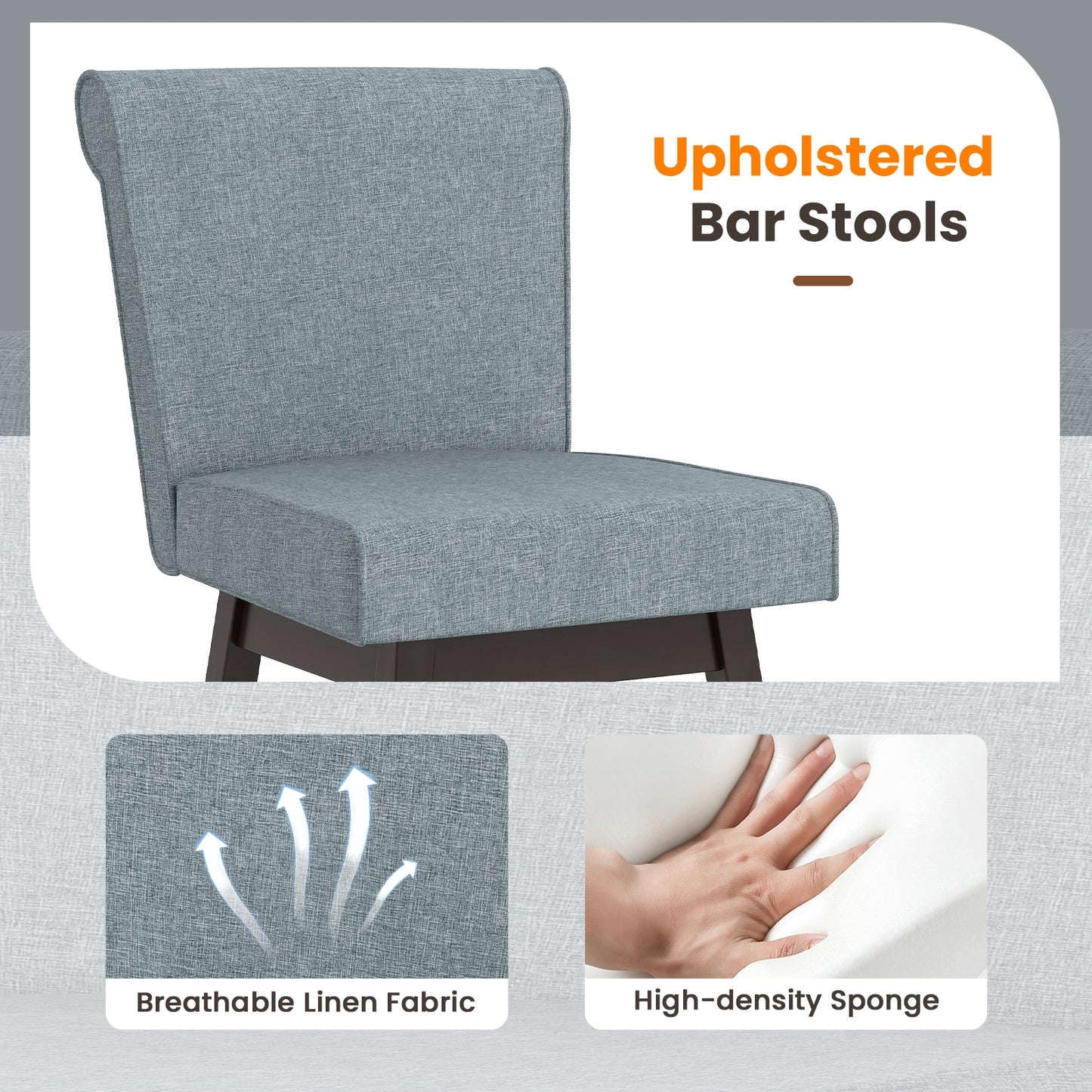 27 Inch Counter Height Bar Chairs with Rubber Wood Legs Set of 2-Gray