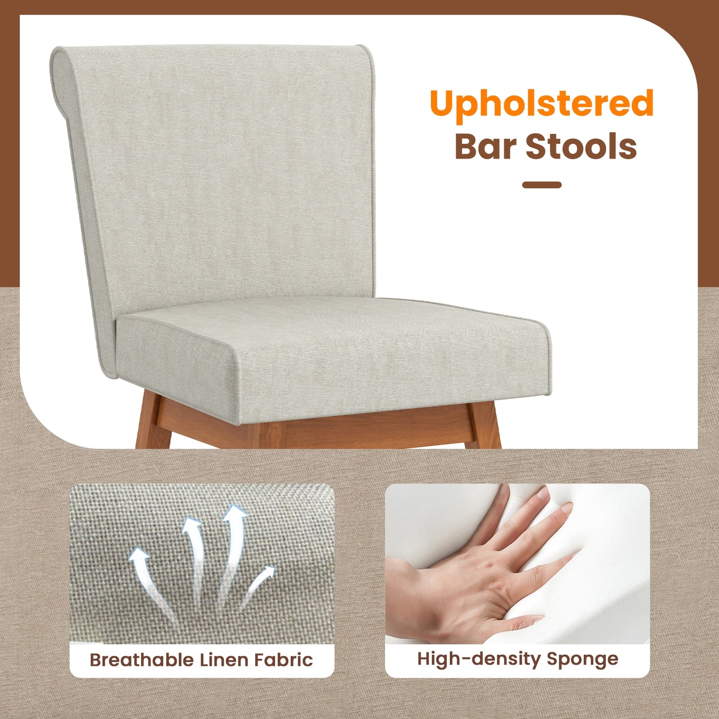 27 Inch Counter Height Bar Chairs with Rubber Wood Legs Set of 2-Beige