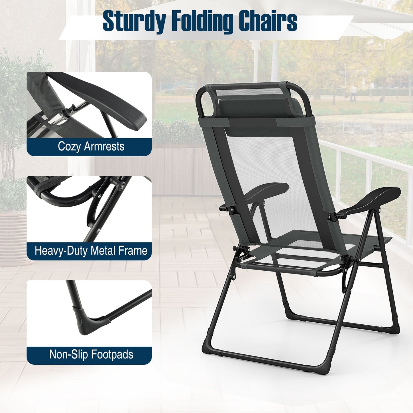 Outdoor Folding Chairs Set of 2 with Armrests and 7-Level Backrest-Gray