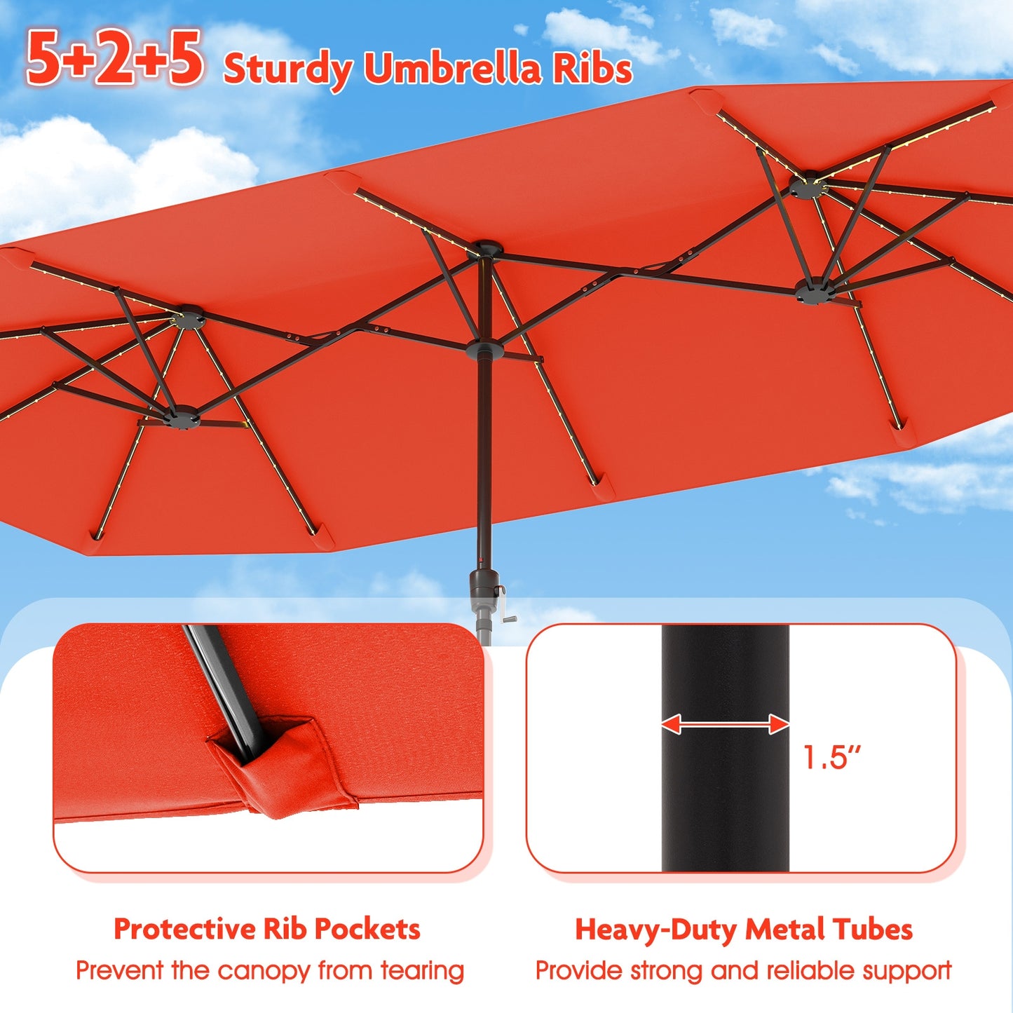 13 FT Large Patio Umbrella with LED Solar Lights and Crank Handle-Orange
