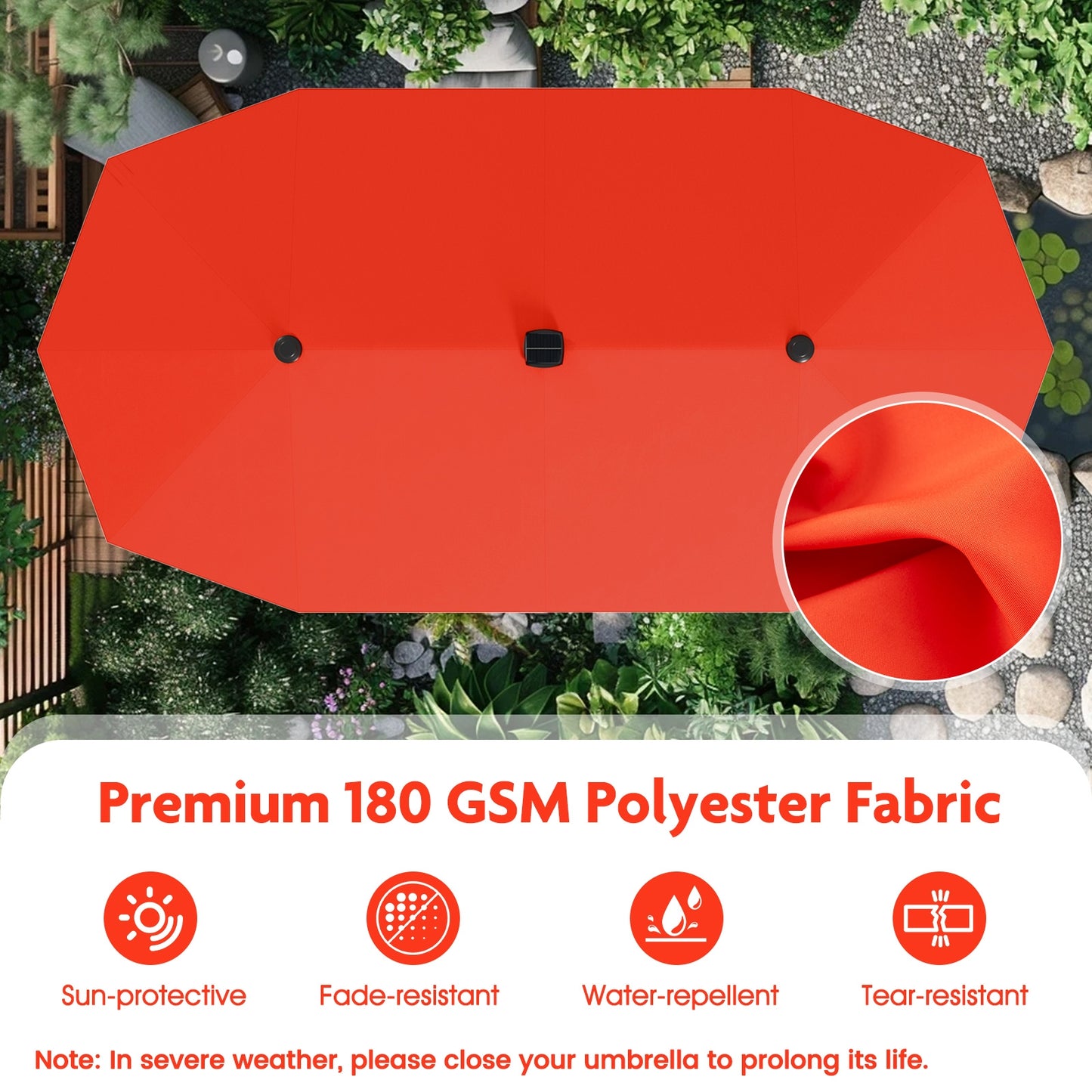 13 FT Large Patio Umbrella with LED Solar Lights and Crank Handle-Orange