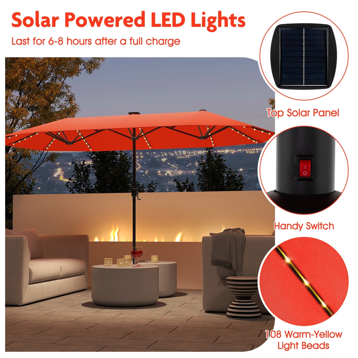 13 FT Large Patio Umbrella with LED Solar Lights and Crank Handle-Orange