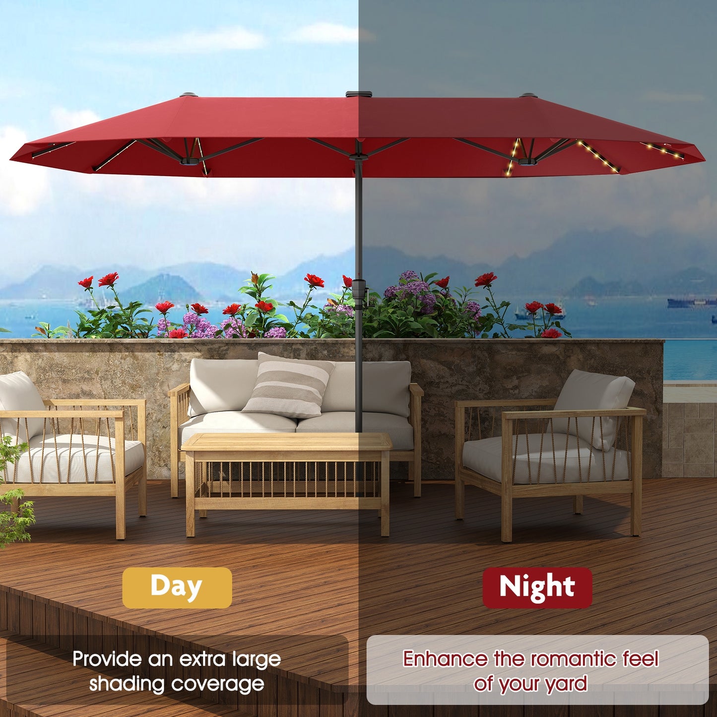 13 FT Large Patio Umbrella with LED Solar Lights and Crank Handle-Red