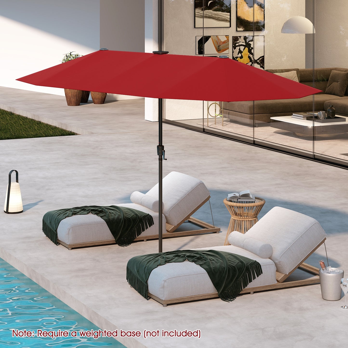 13 FT Large Patio Umbrella with LED Solar Lights and Crank Handle-Red