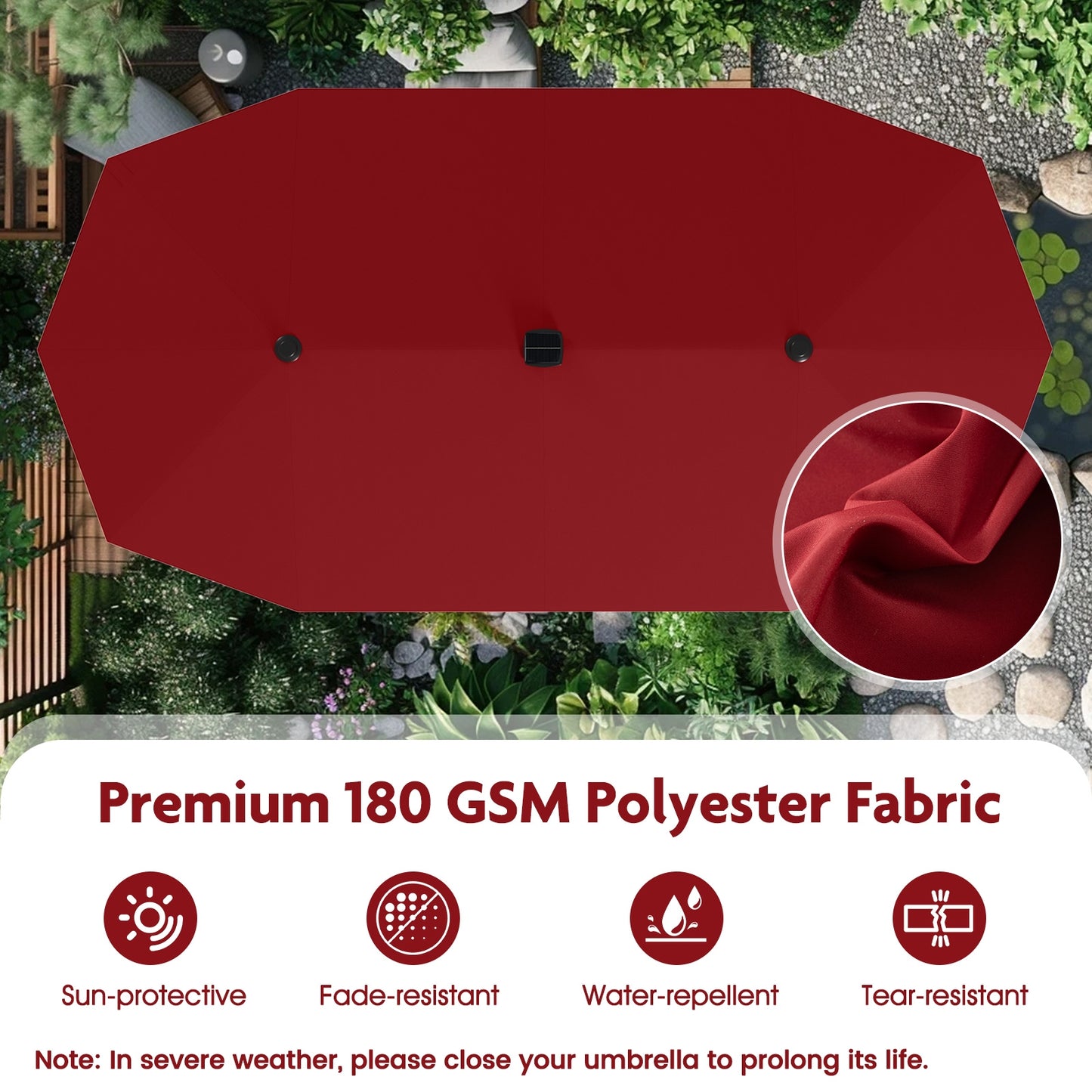 13 FT Large Patio Umbrella with LED Solar Lights and Crank Handle-Red