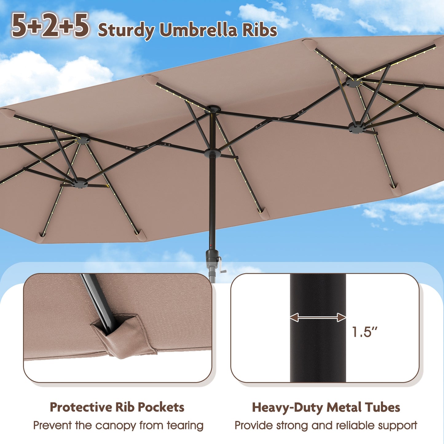 13 FT Large Patio Umbrella with LED Solar Lights and Crank Handle-Coffee