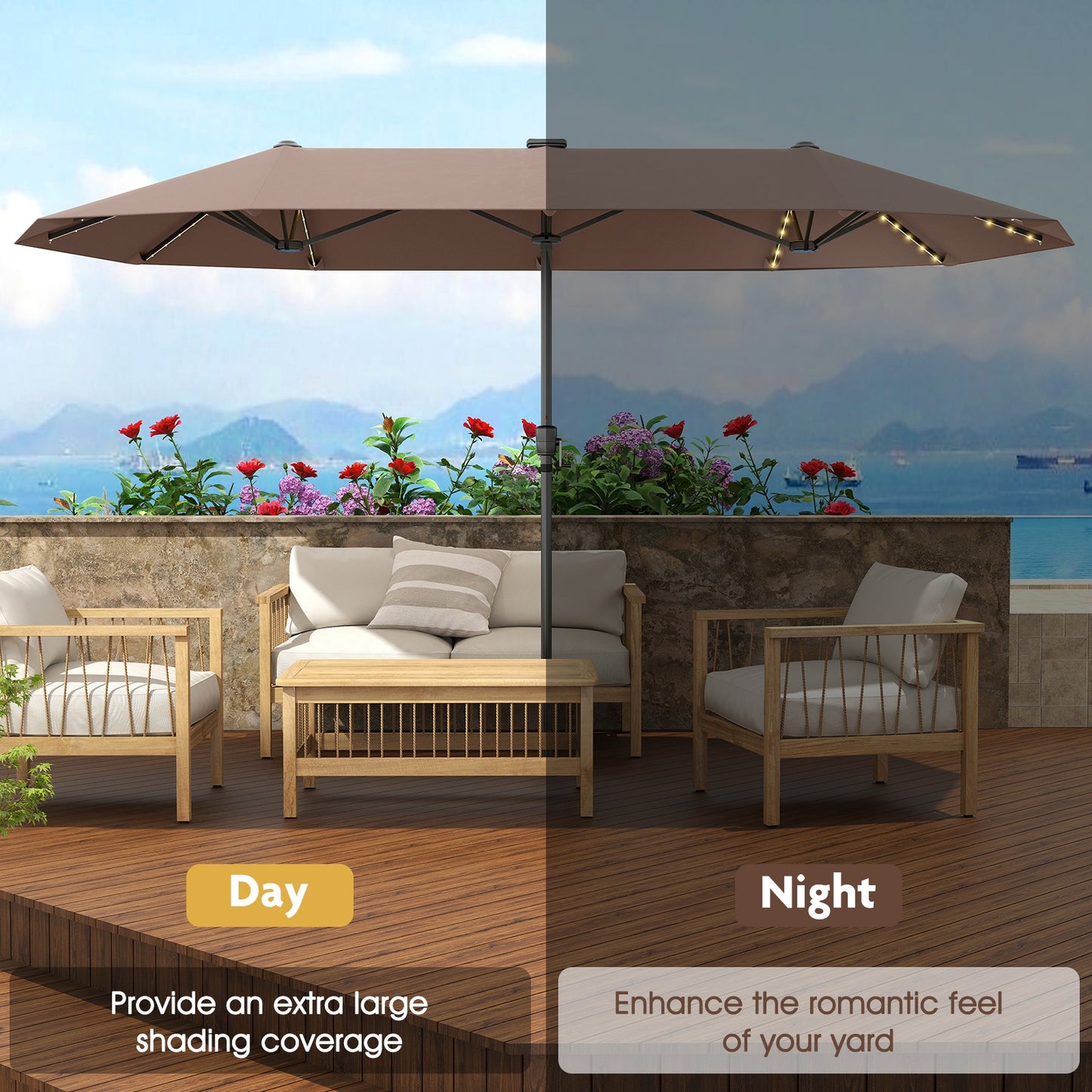 13 FT Large Patio Umbrella with LED Solar Lights and Crank Handle-Coffee