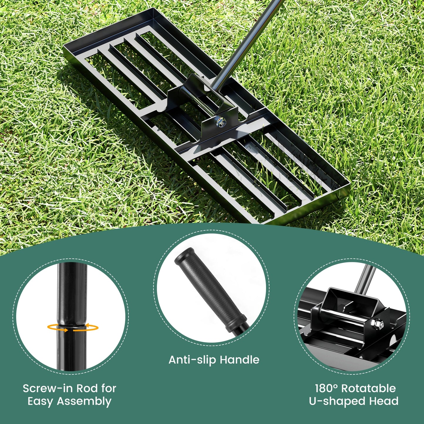30 x 10 Inch Lawn Leveling Rake with Ergonomic Handle-Black