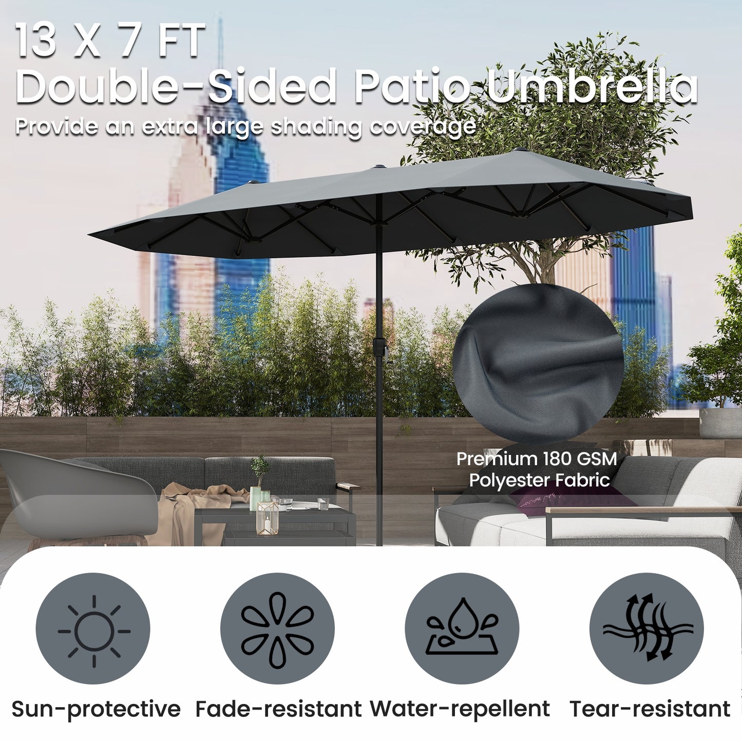 13 FT Large Patio Umbrella Outdoor Double-Sided Table Market Umbrella with Crank Handle-Gray