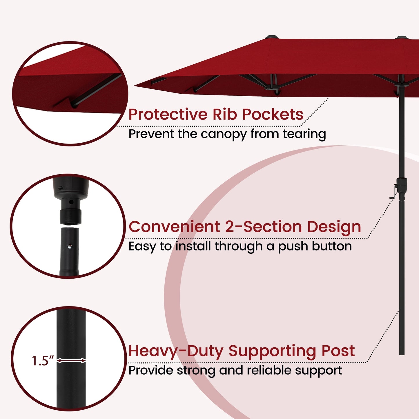 13 FT Large Patio Umbrella Outdoor Double-Sided Table Market Umbrella with Crank Handle-Red
