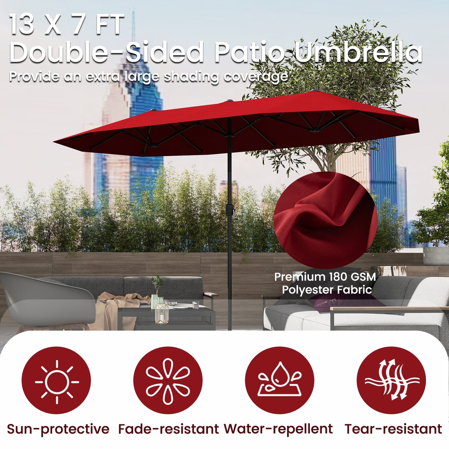 13 FT Large Patio Umbrella Outdoor Double-Sided Table Market Umbrella with Crank Handle-Red