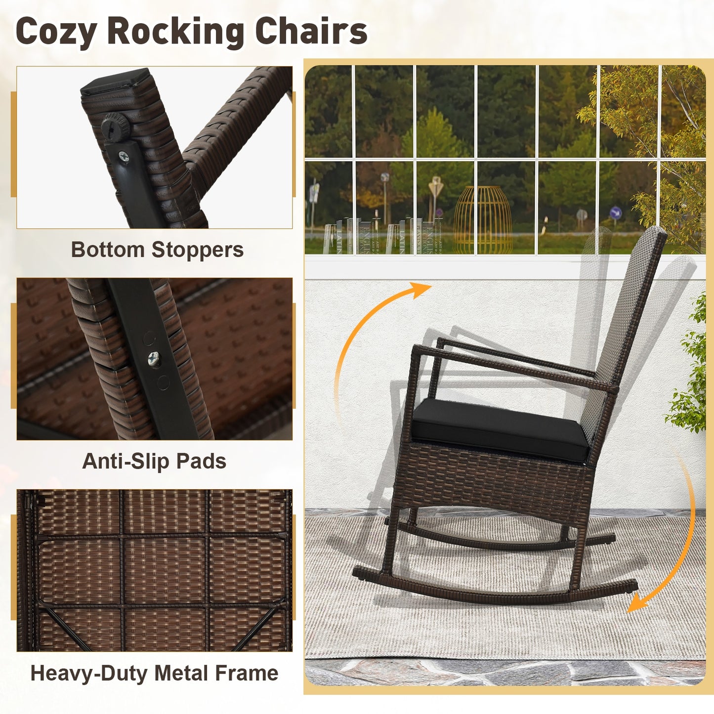 3 Piece Patio Rocking Set Wicker Rocking Chairs with 2-Tier Coffee Table-Black