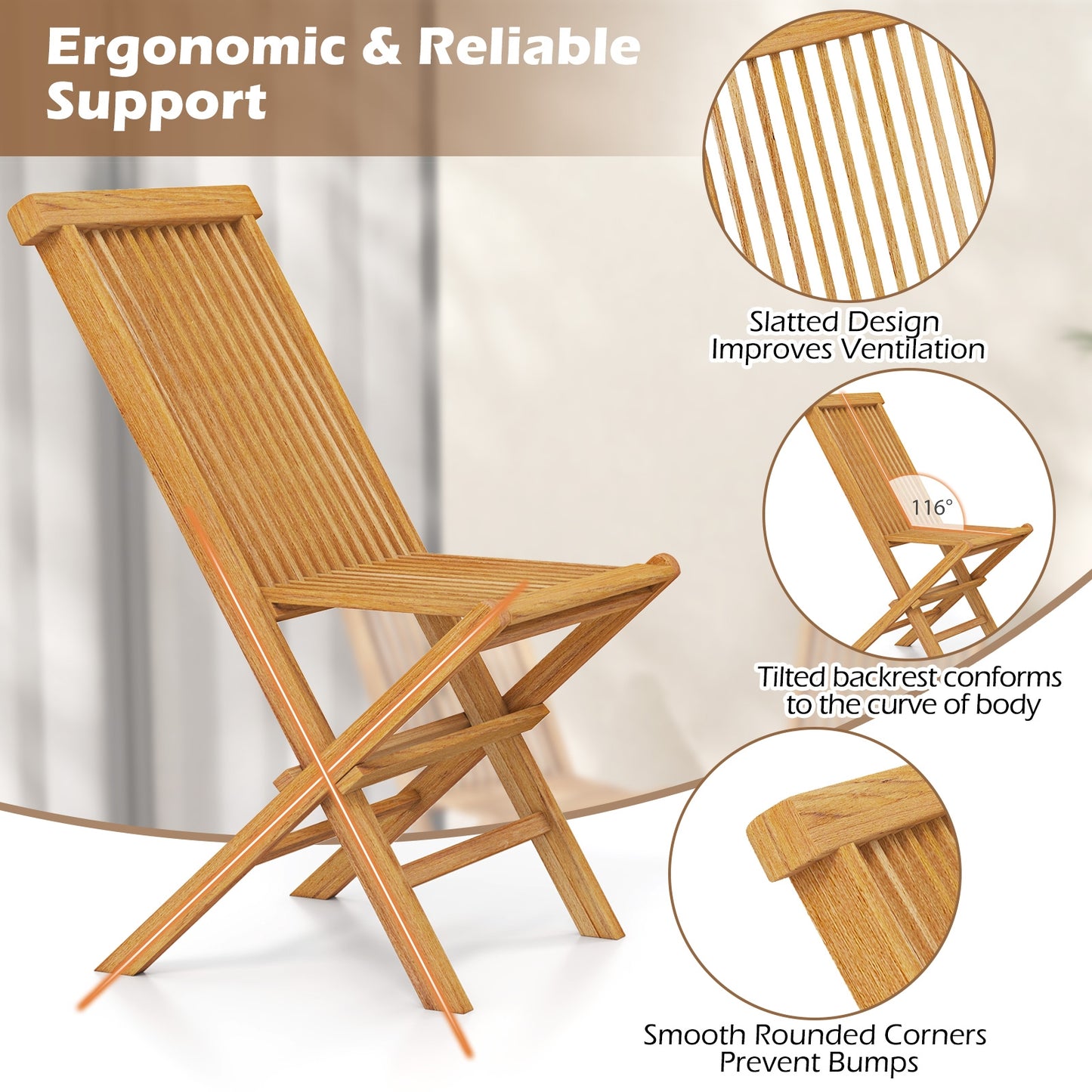 Outdoor Teak Wood Chairs Set of 2 with Slatted Seat and Backrest