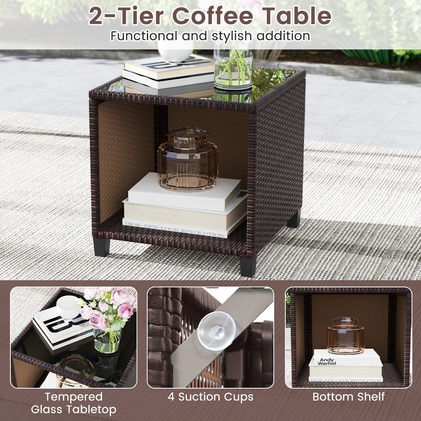 3 Piece Patio Sofa Set Wicker Chairs and Coffee Table with Storage-Beige