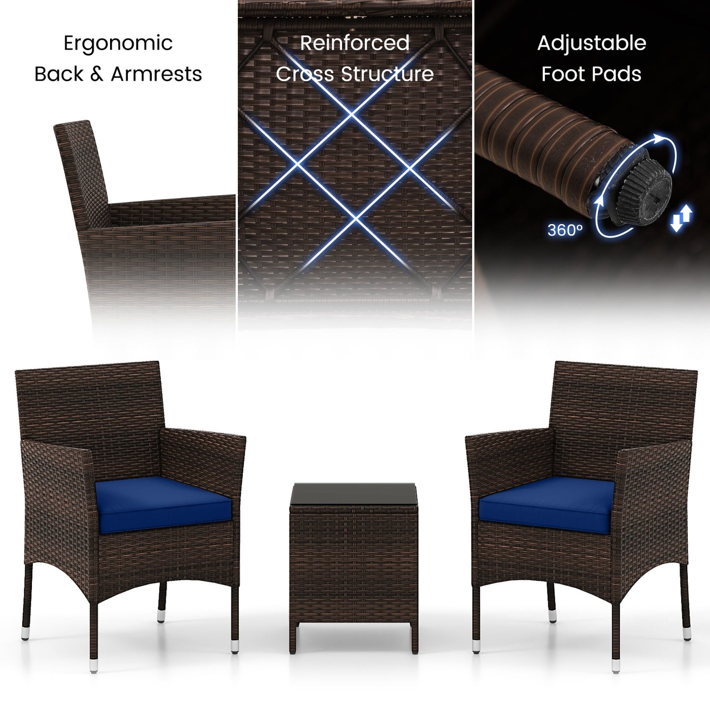 3 Pieces Outdoor Conversation Set with Cushioned Seat and Glass Tabletop-Navy