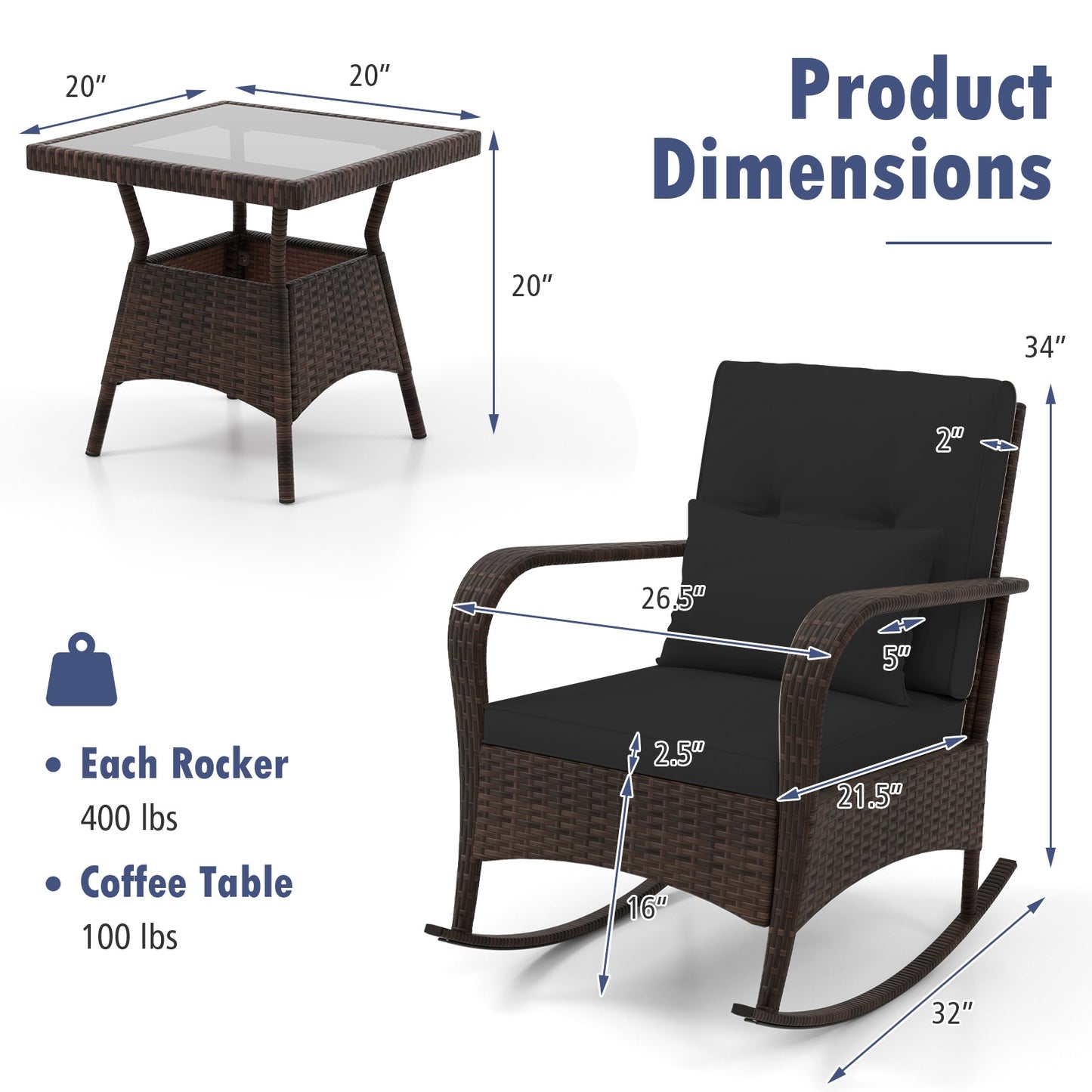 3 Pieces Outdoor Rocking Set with Tempered Glass Coffee Table for Backyard Poolside-Black