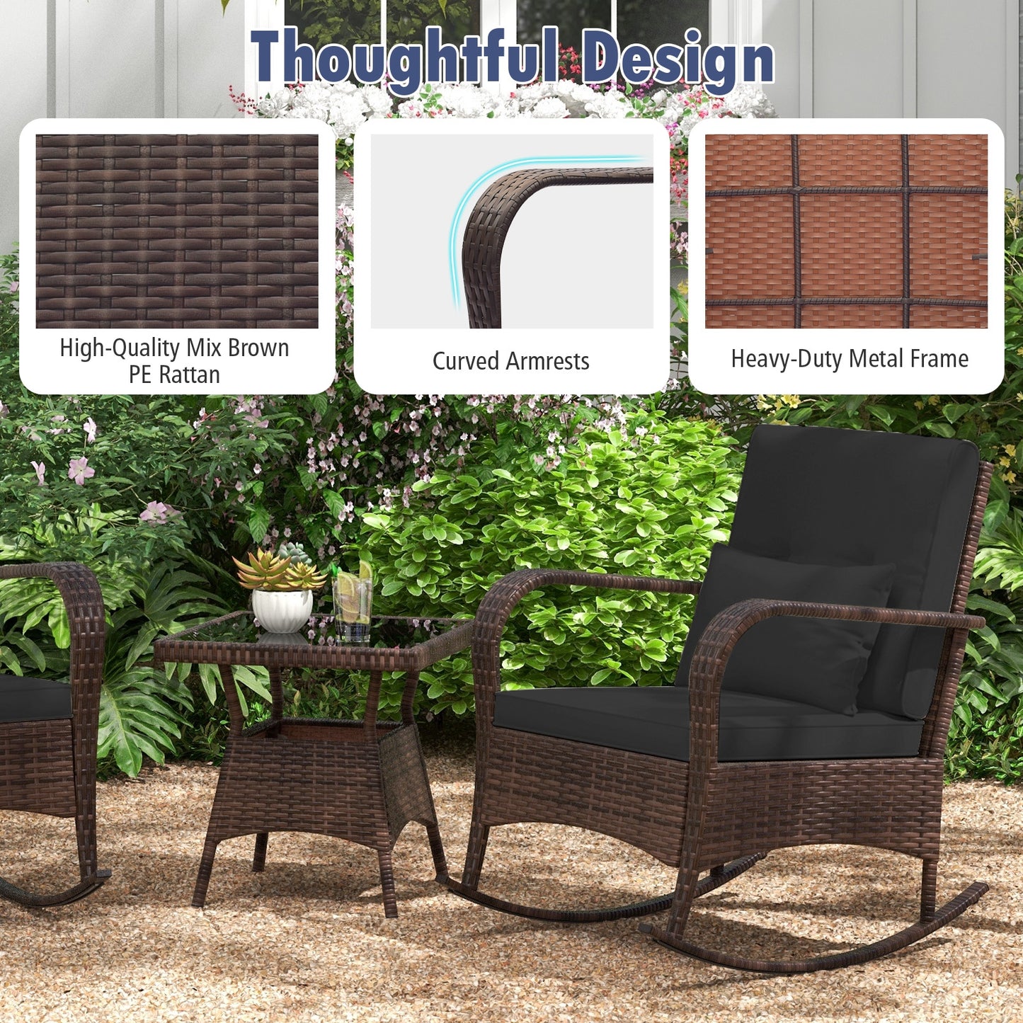 3 Pieces Outdoor Rocking Set with Tempered Glass Coffee Table for Backyard Poolside-Black