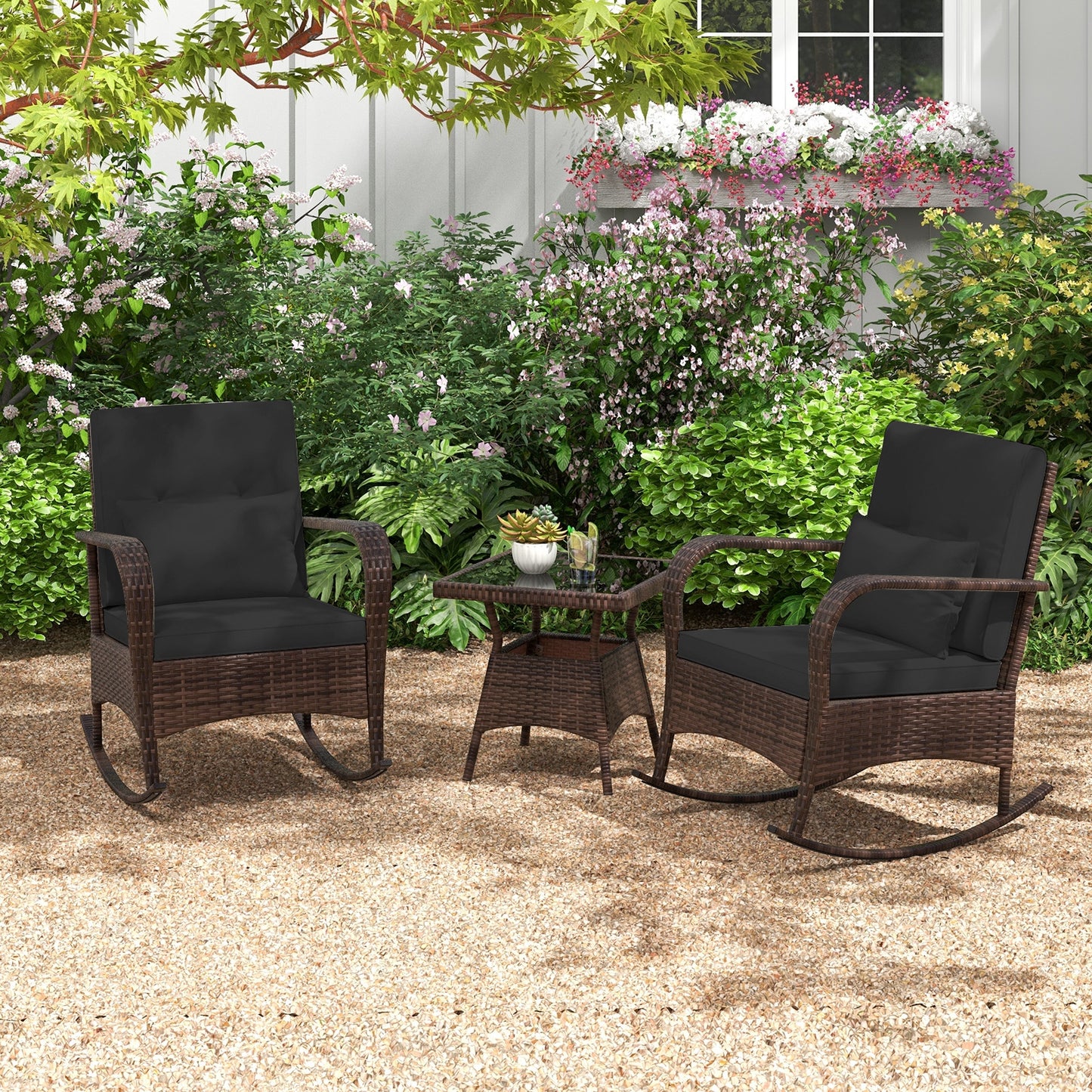 3 Pieces Outdoor Rocking Set with Tempered Glass Coffee Table for Backyard Poolside-Black