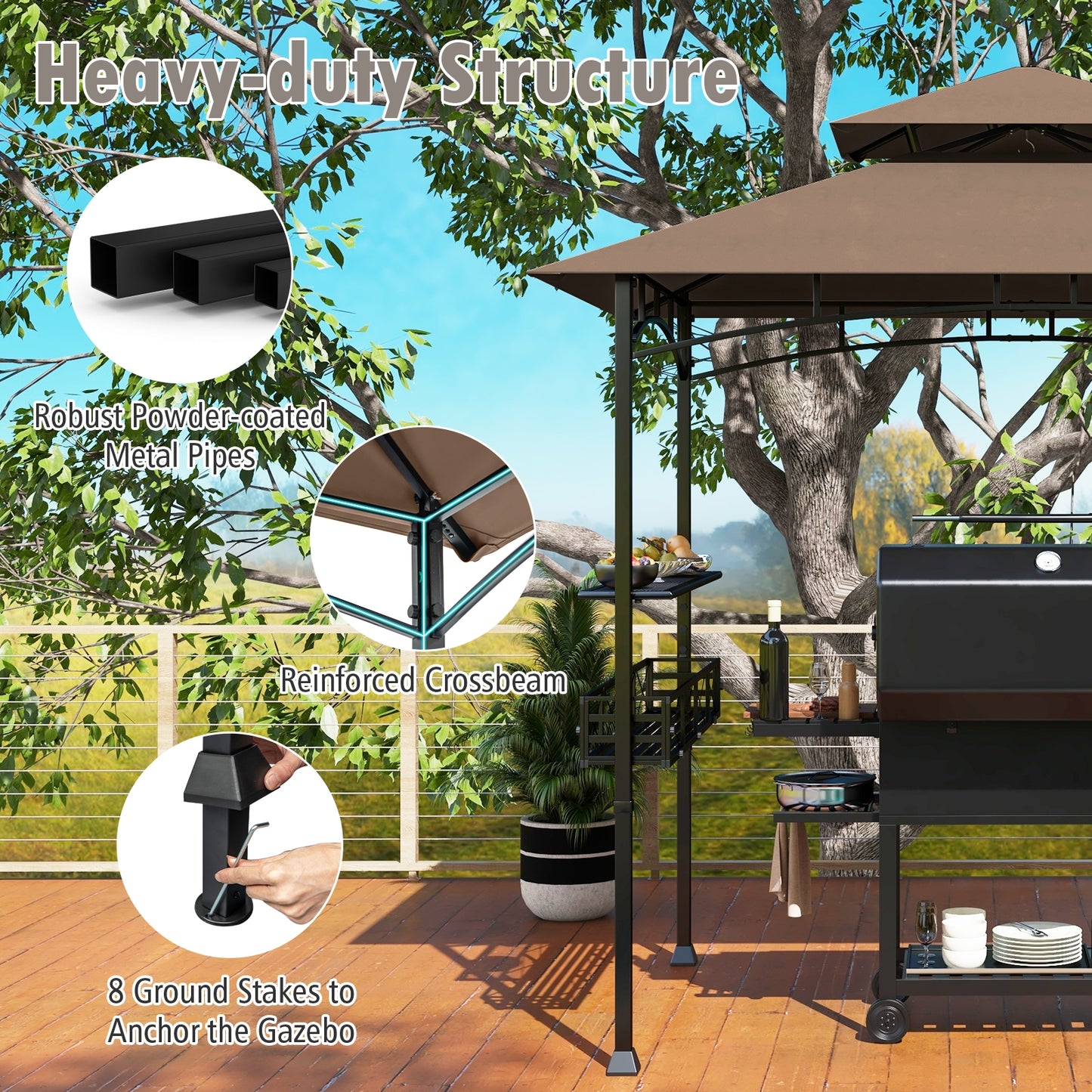 8 x 5 Feet Outdoor Grill Gazebo with 2 Side Shelves and 10 Hooks-Brown