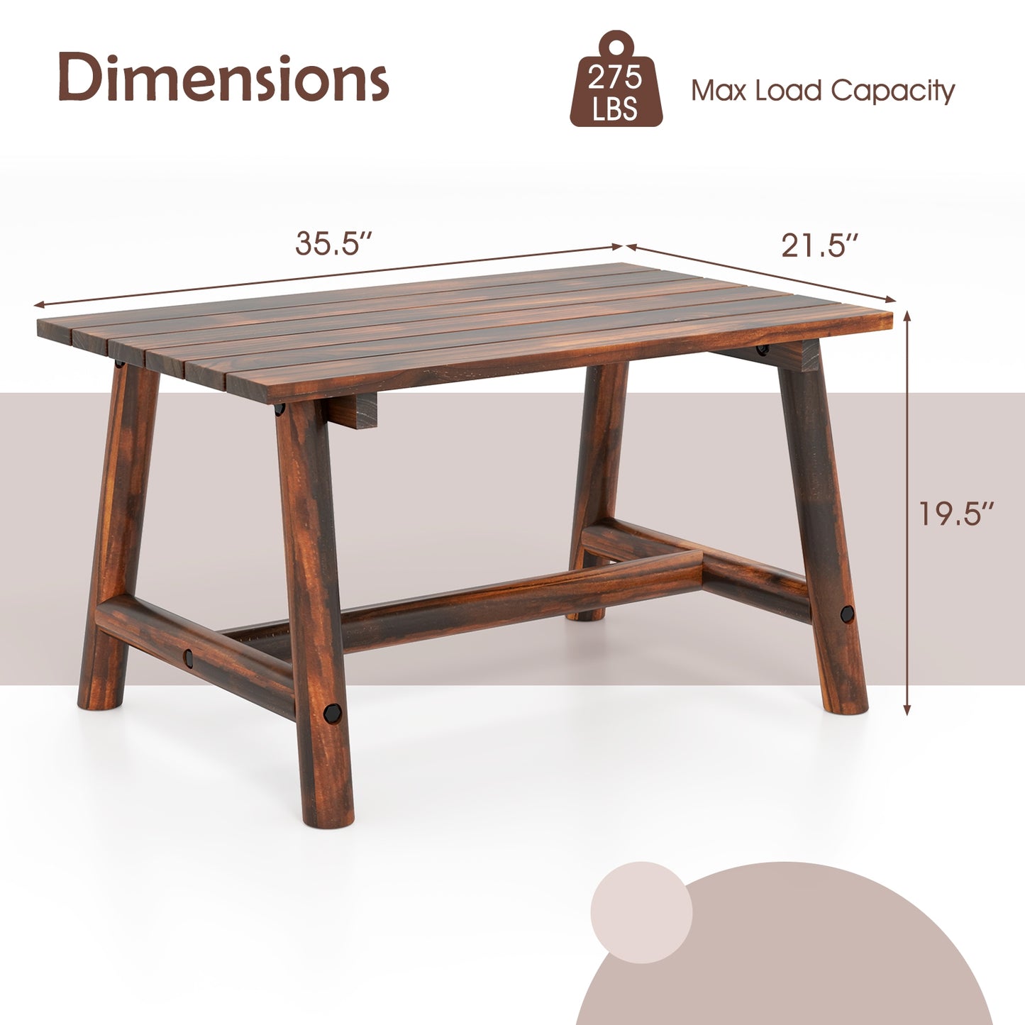 Solid Wood Patio Table with Slatted Tabletop for Garden Lawn Porch Balcony Poolside Living Room-Brown