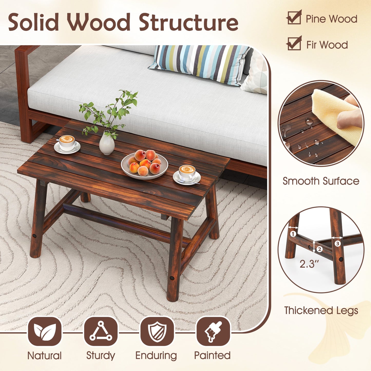 Solid Wood Patio Table with Slatted Tabletop for Garden Lawn Porch Balcony Poolside Living Room-Brown