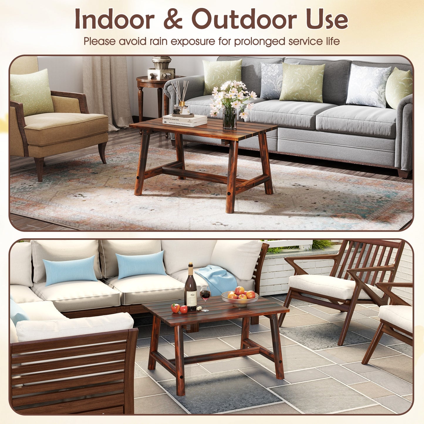 Solid Wood Patio Table with Slatted Tabletop for Garden Lawn Porch Balcony Poolside Living Room-Brown
