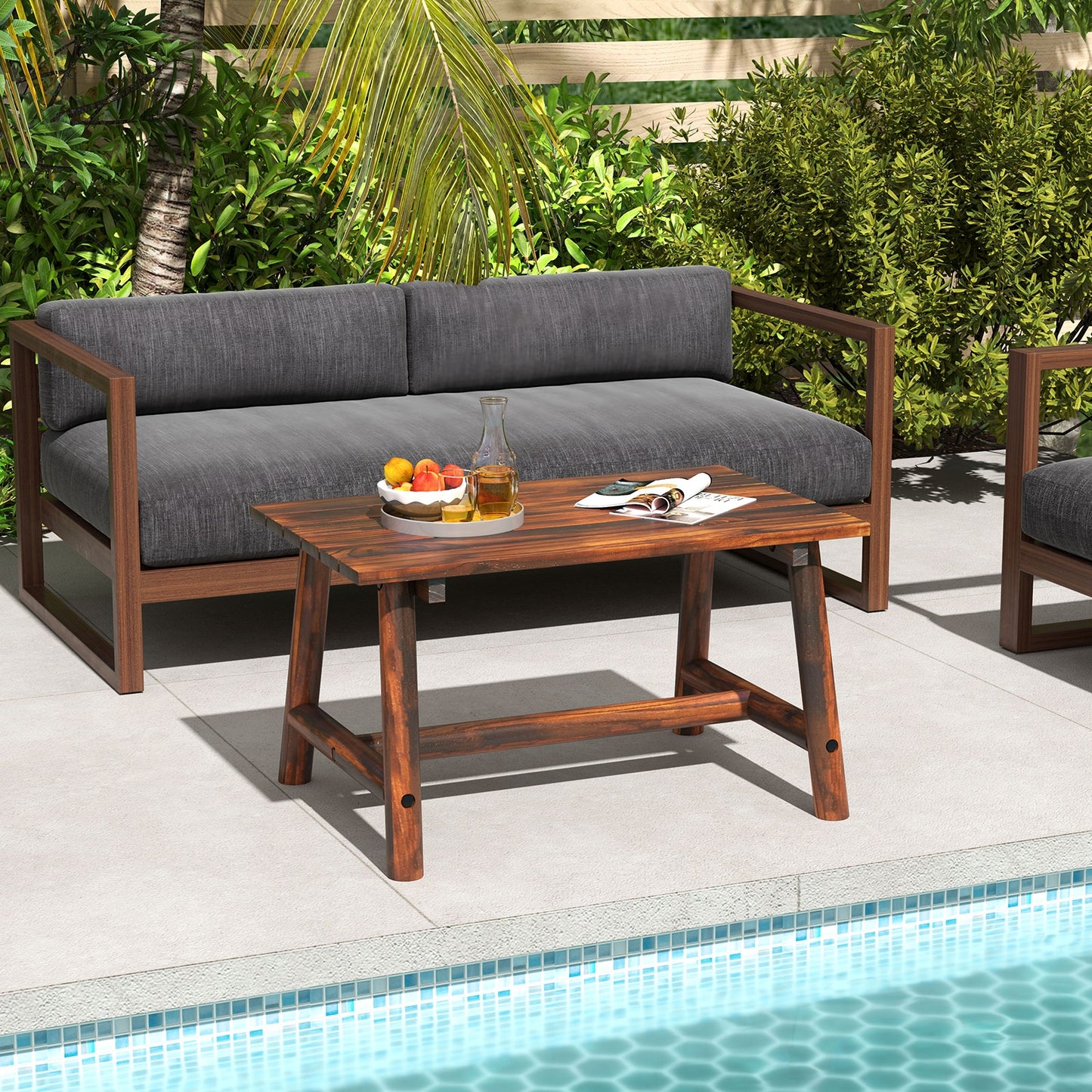Solid Wood Patio Table with Slatted Tabletop for Garden Lawn Porch Balcony Poolside Living Room-Brown