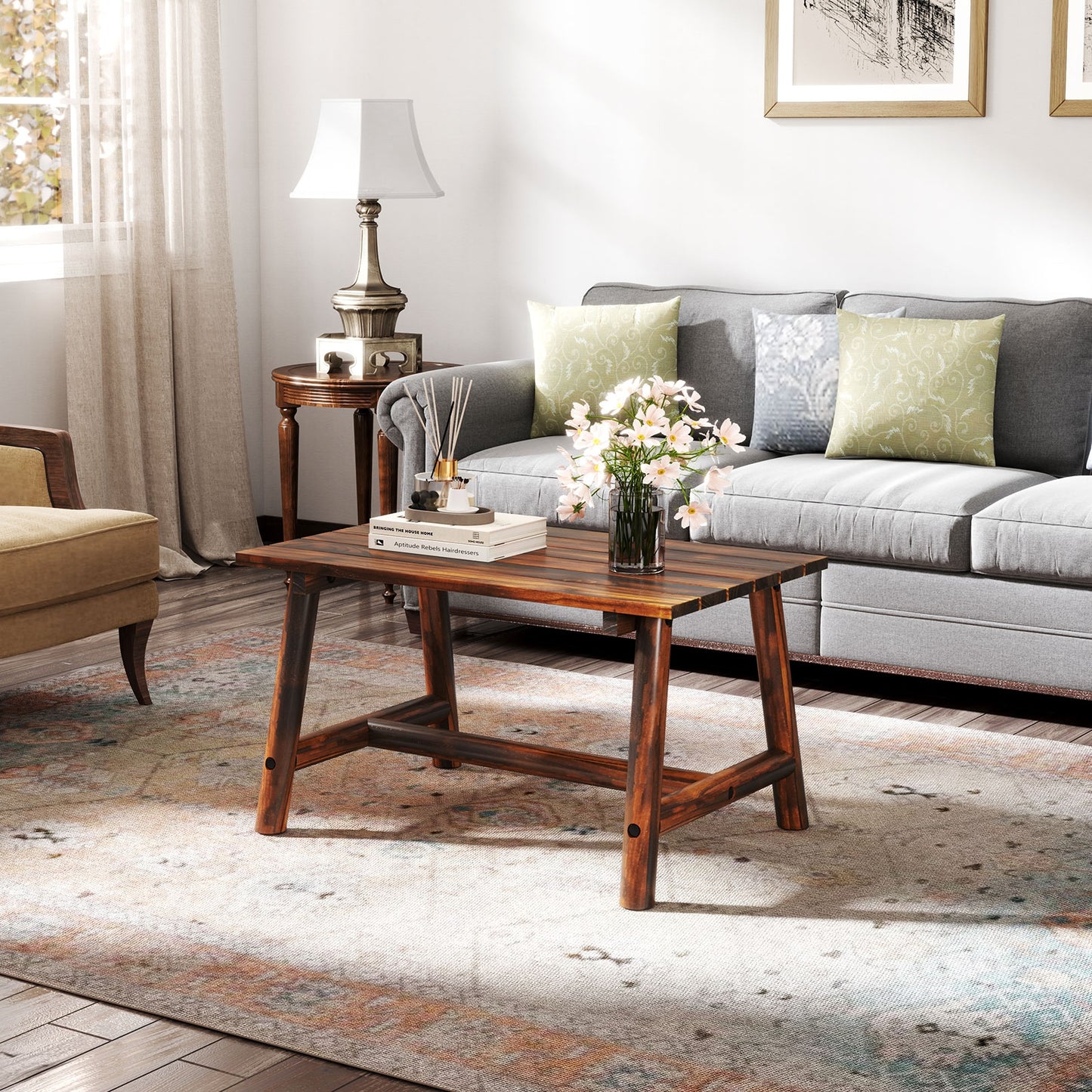 Solid Wood Patio Table with Slatted Tabletop for Garden Lawn Porch Balcony Poolside Living Room-Brown