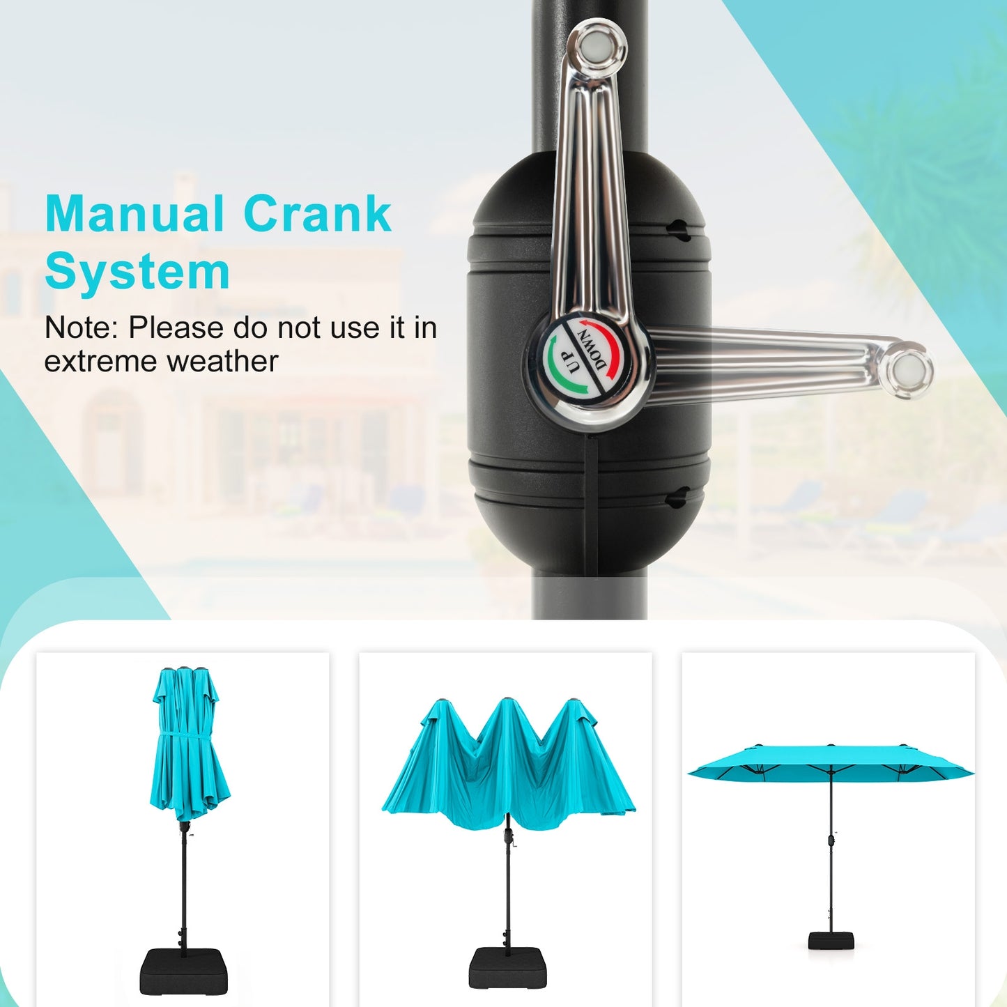 13 Feet Double-Sided Patio Twin Table Umbrella with Crank Handle-Turquoise