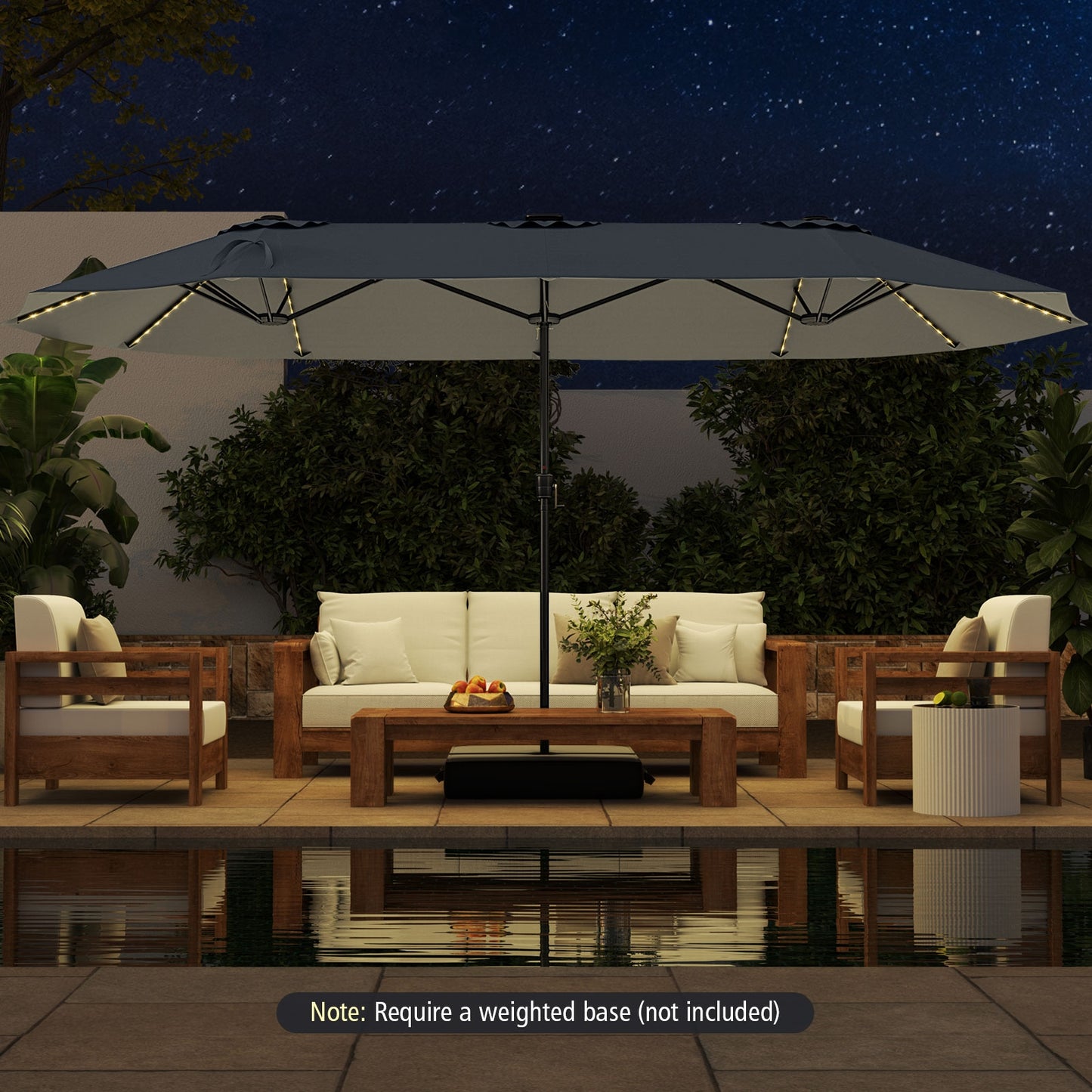 15.5 FT Extra-Large Patio Umbrella with LED Solar Lights and Crank Handle-Gray