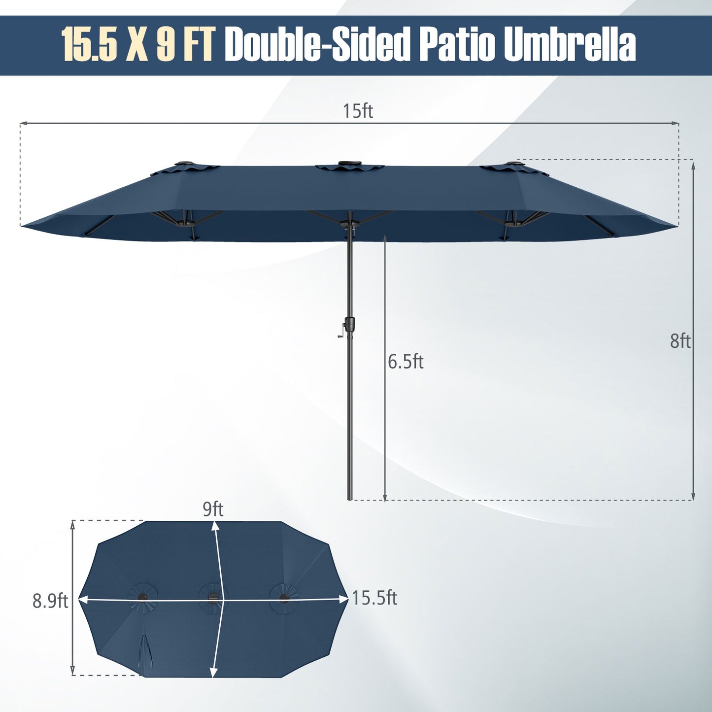 15.5 FT Extra-Large Patio Umbrella with LED Solar Lights and Crank Handle-Navy