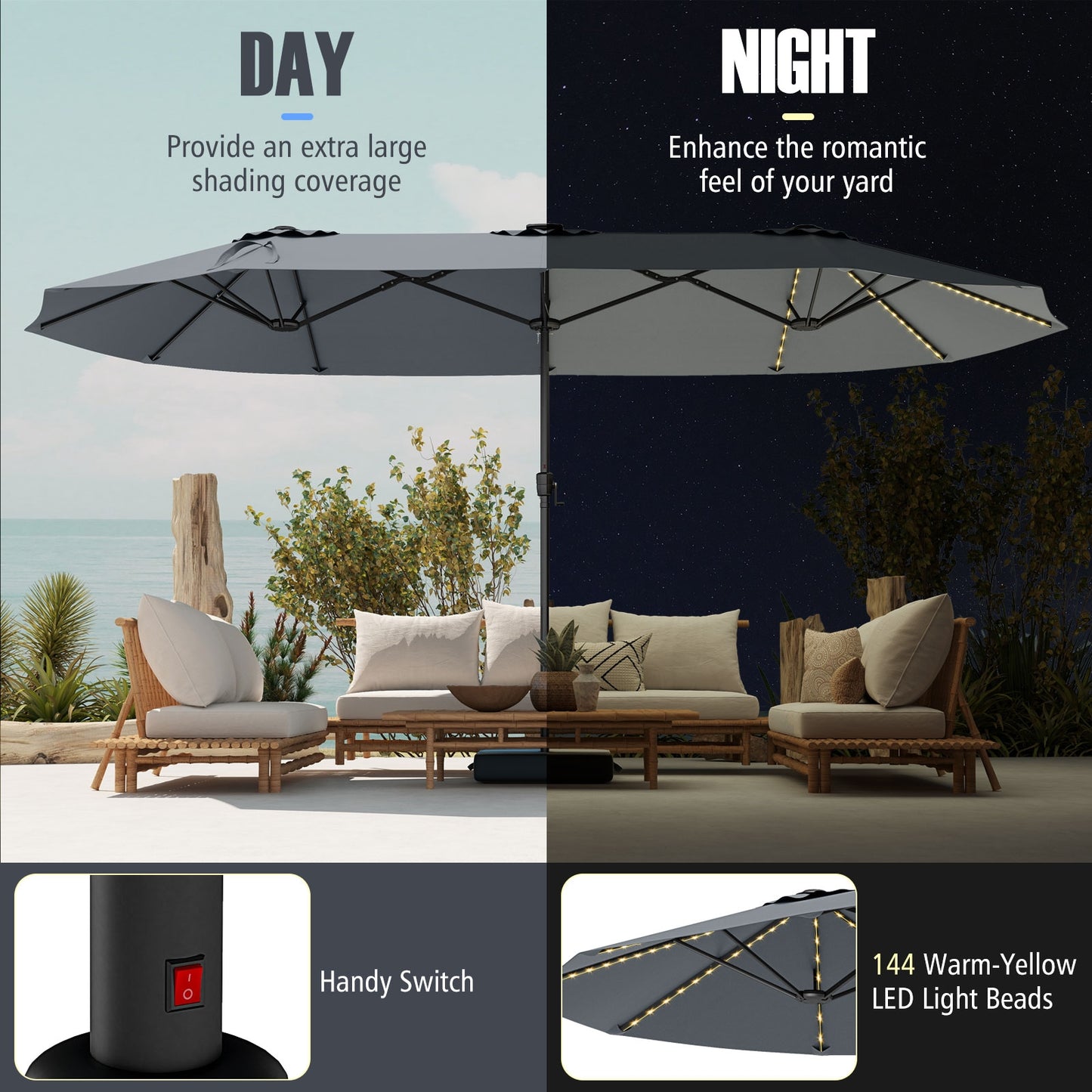 15.5 FT Extra-Large Patio Umbrella with LED Solar Lights and Crank Handle-Gray