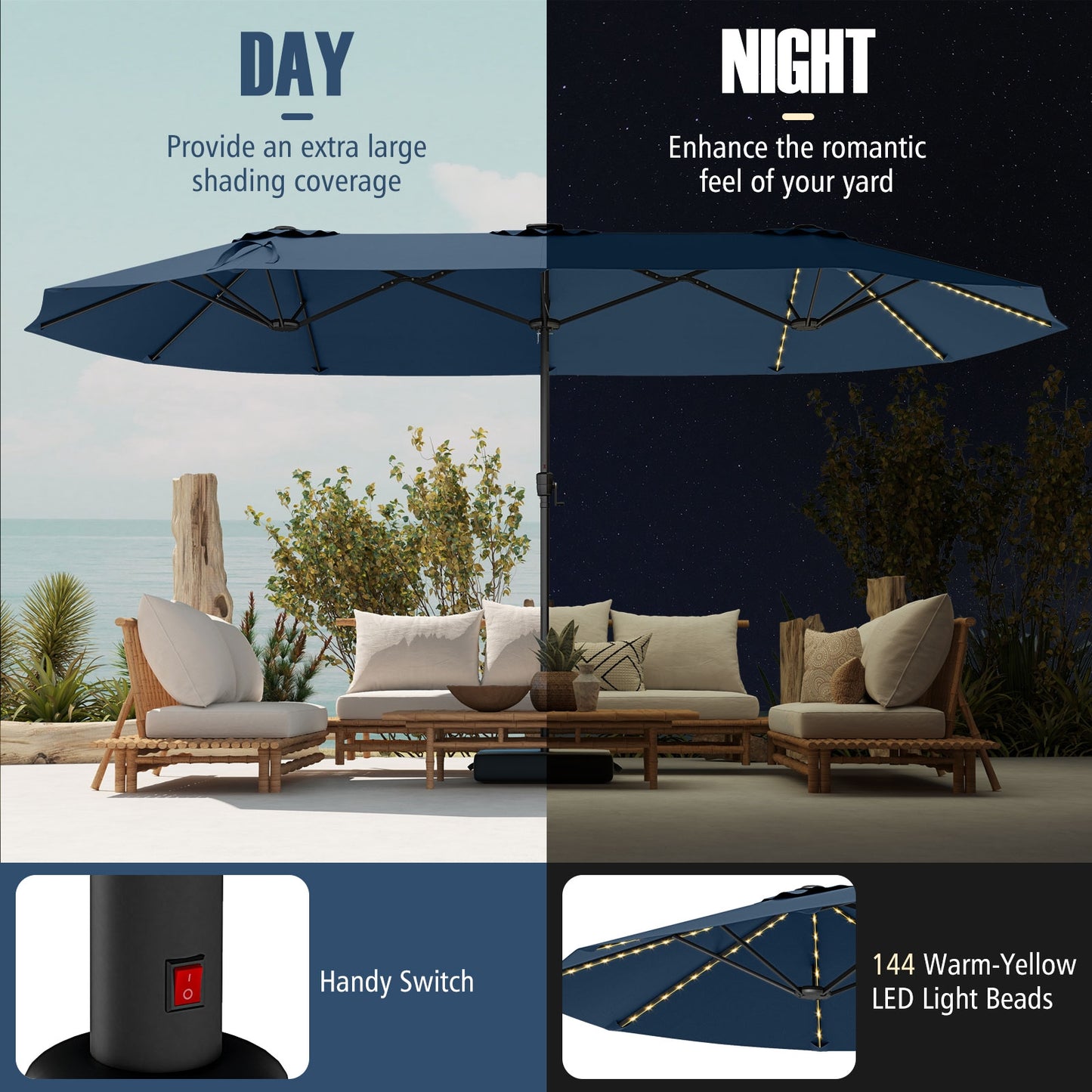 15.5 FT Extra-Large Patio Umbrella with LED Solar Lights and Crank Handle-Navy