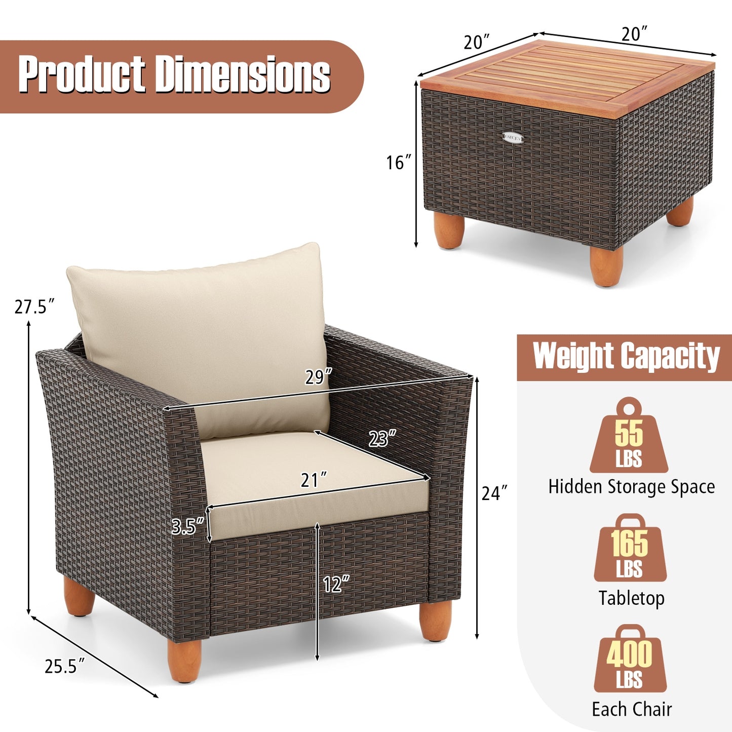 3 Pieces Patio PE Wicker Furniture Set with Cushions and Acacia Wood Storage Coffee Table-Beige