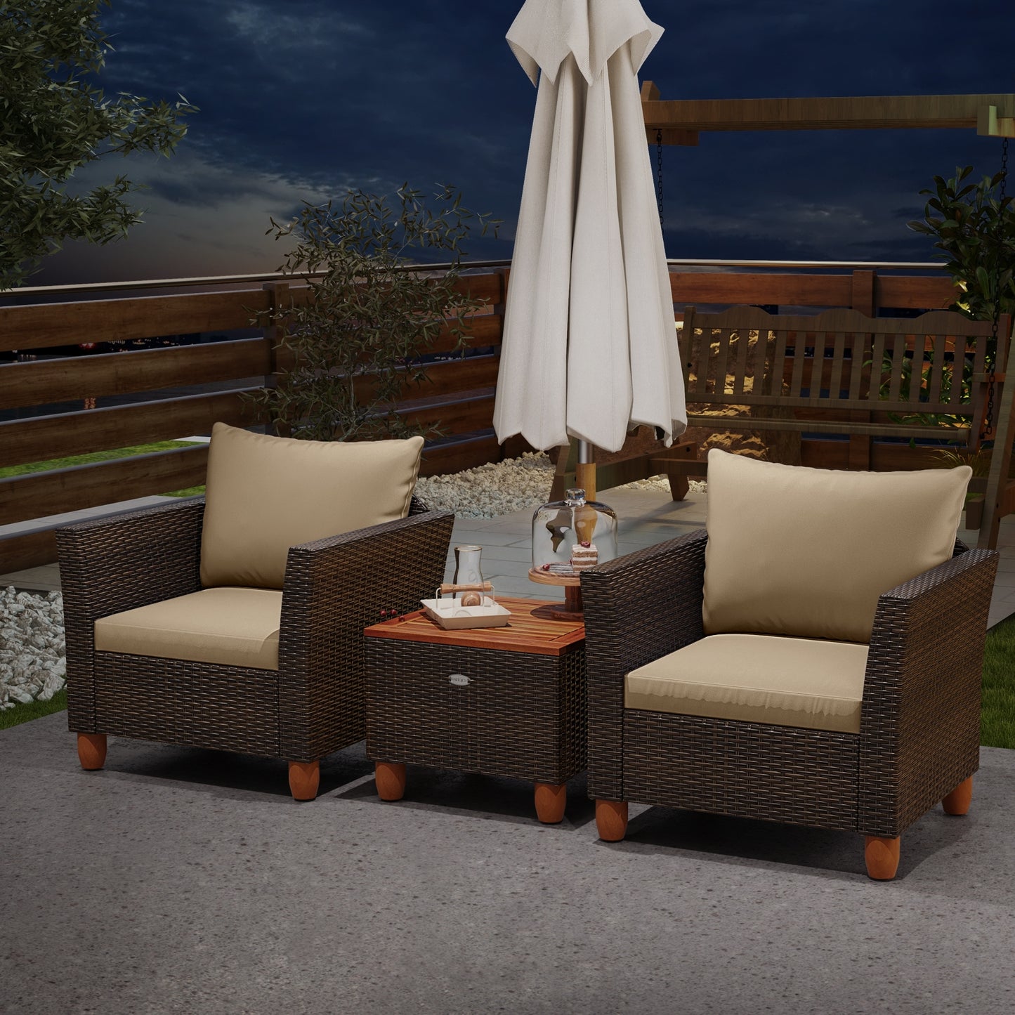 3 Pieces Patio PE Wicker Furniture Set with Cushions and Acacia Wood Storage Coffee Table-Beige