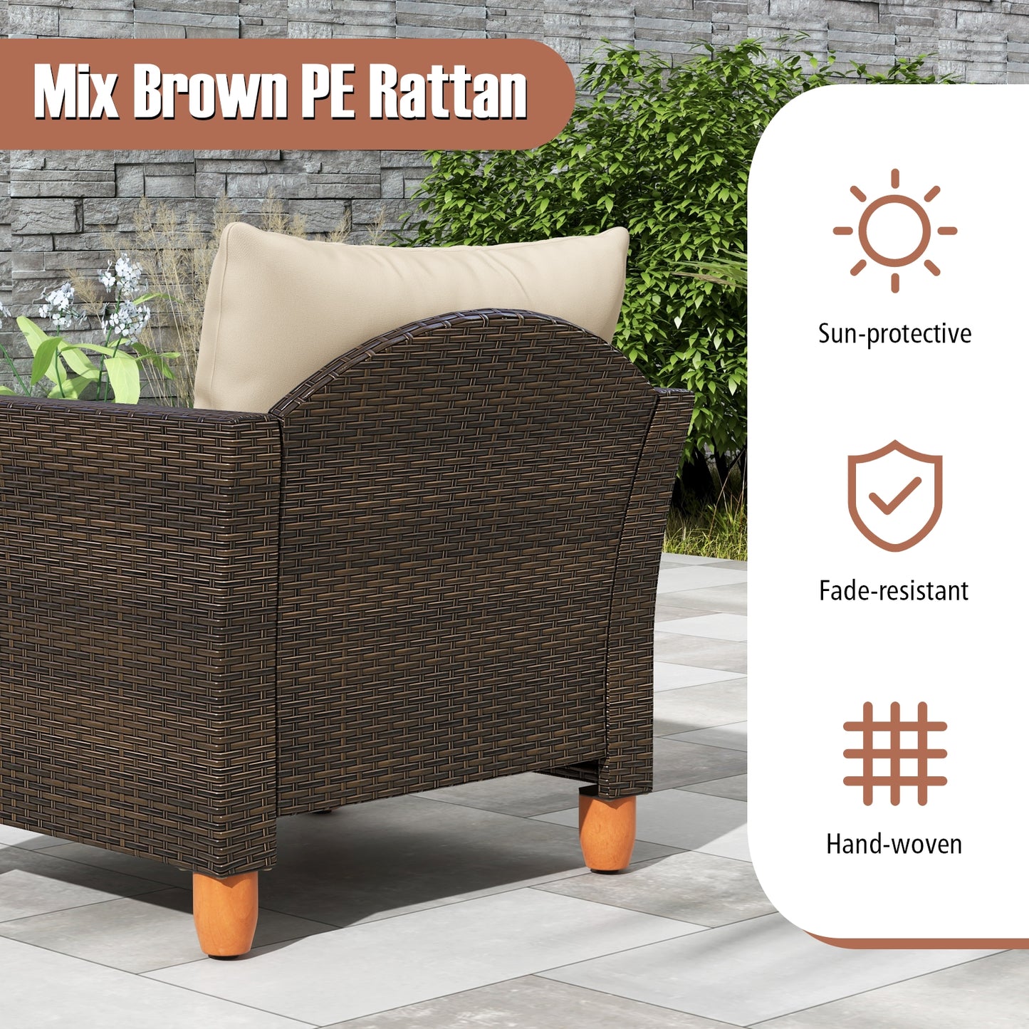 3 Pieces Patio PE Wicker Furniture Set with Cushions and Acacia Wood Storage Coffee Table-Beige