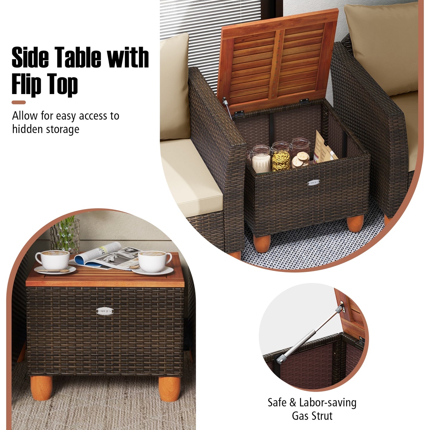 3 Pieces Patio PE Wicker Furniture Set with Cushions and Acacia Wood Storage Coffee Table-Beige
