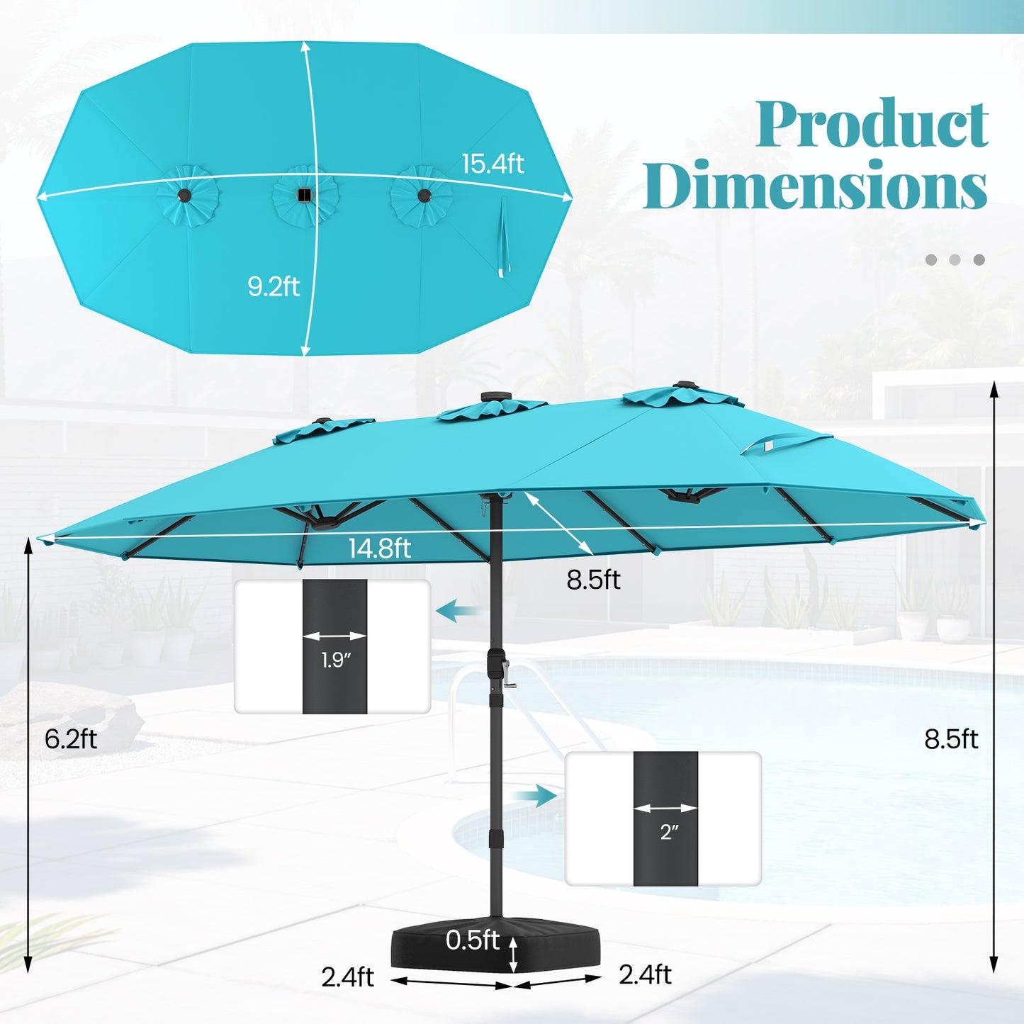 15 Feet Double-Sided Patio Umbrella with 48 LED Lights-Turquoise
