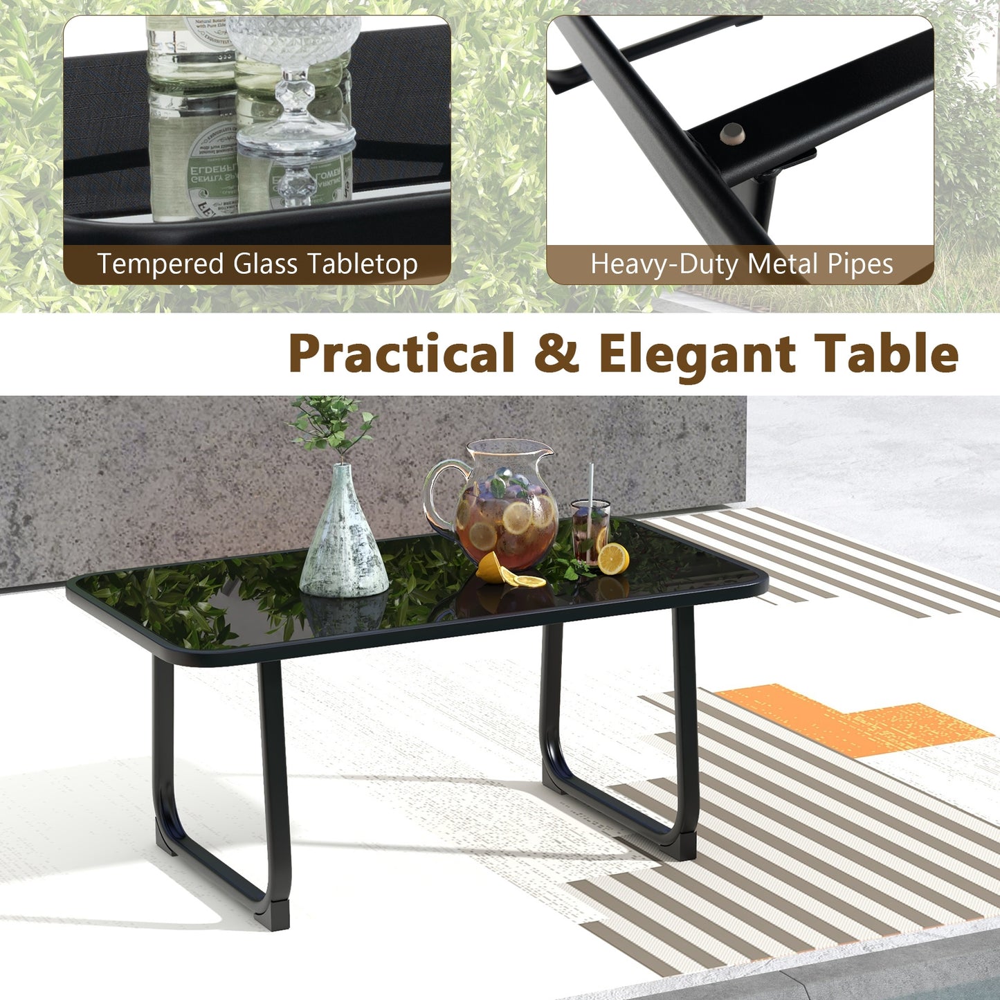 4 Pieces Patio Conversation Set with Breathable Fabric Seat and Tempered Glass Tabletop-Black